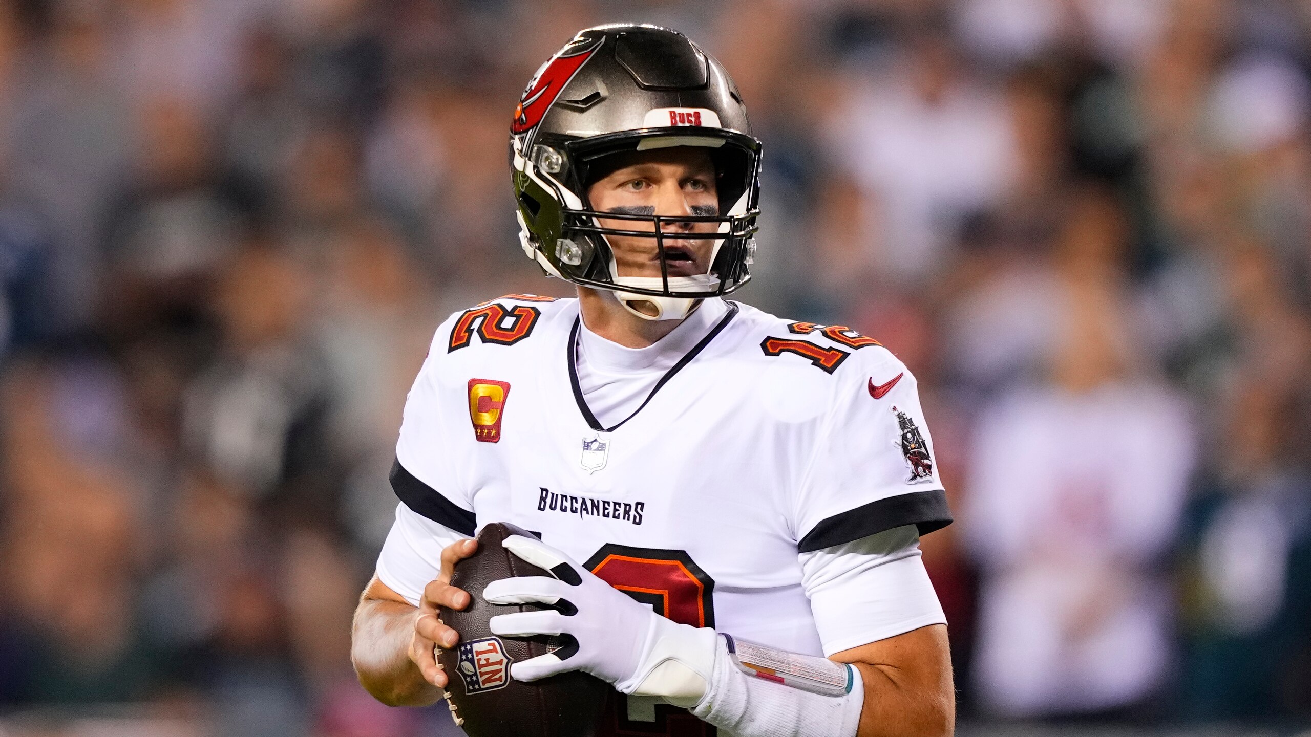 Tampa Bay Buccaneers' Tom Brady plays during an NFL football game, Thursday, Oct. 14, 2021, in Philadelphia. (AP Photo/Matt Slocum) Tampa Bay Buccaneers' Tom Brady plays during an NFL football game, Thursday, Oct. 14, 2021, in Philadelphia. (AP Photo/Matt Slocum)