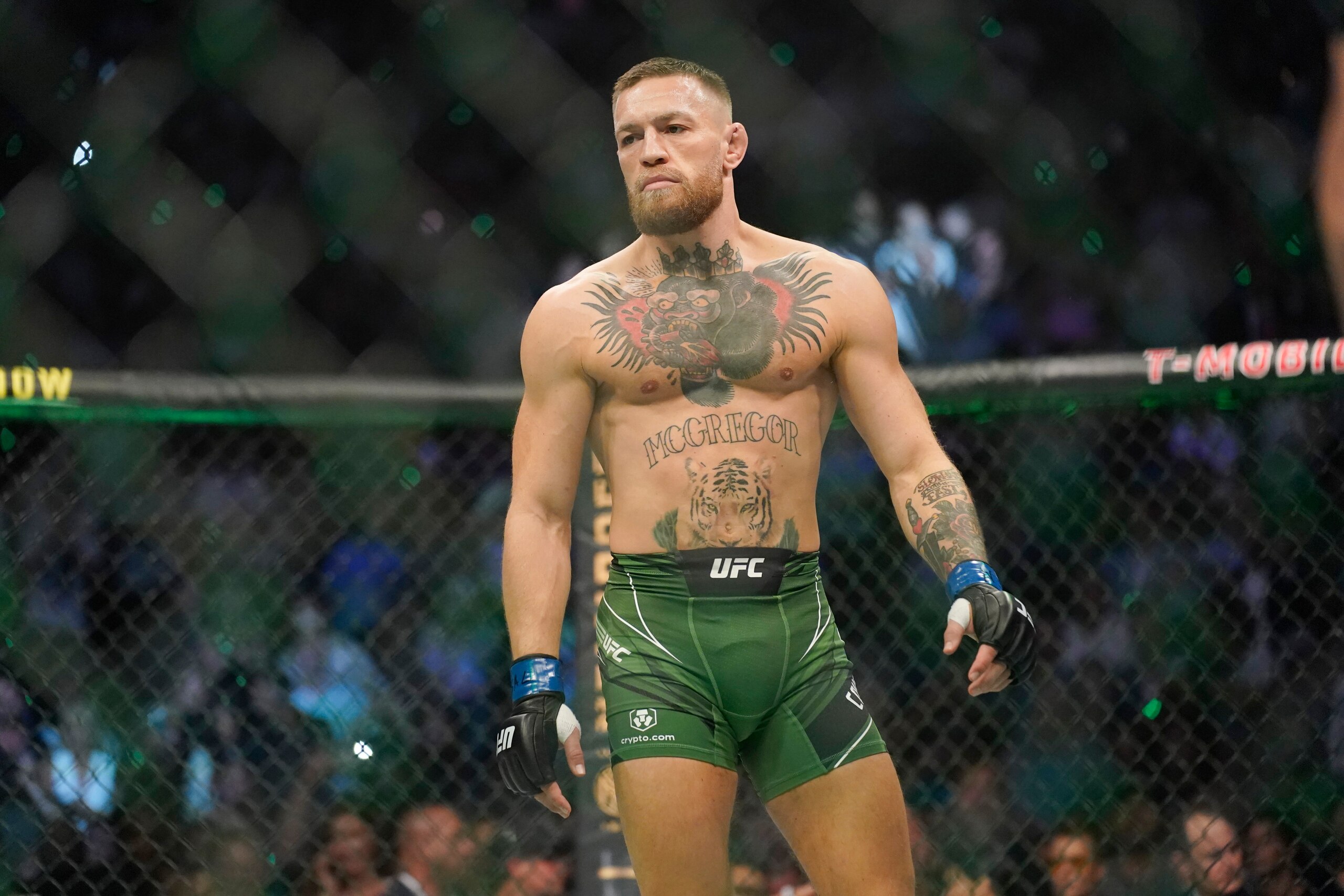 Conor McGregor prepares to fight Dustin Poirier in a UFC 264 lightweight mixed martial arts bout Saturday, July 10, 2021, in Las Vegas. (AP Photo/John Locher) Conor McGregor prepares to fight Dustin Poirier in a UFC 264 lightweight mixed martial arts bout Saturday, July 10, 2021, in Las Vegas. (AP Photo/John Locher)