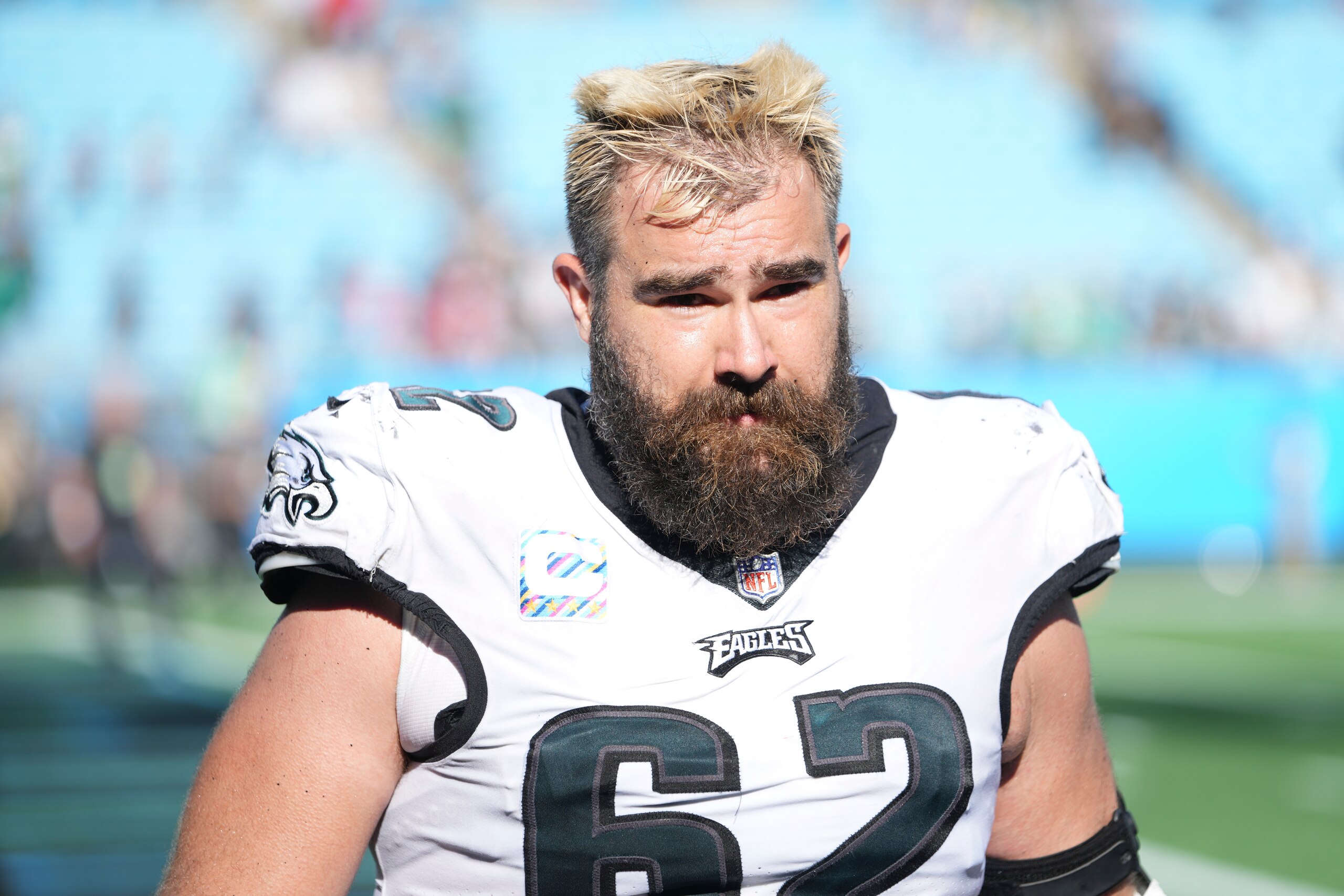 CHARLOTTE, NC - OCTOBER 10: Philadelphia Eagles center Jason Kelce (62) looks on during the game between the Carolina Panthers and the Philadelphia Eagles on October 10, 2021 at Bank of America Stadium in Charlotte, NC. (Photo by Andy Lewis/Icon Sportswire via Getty Images)