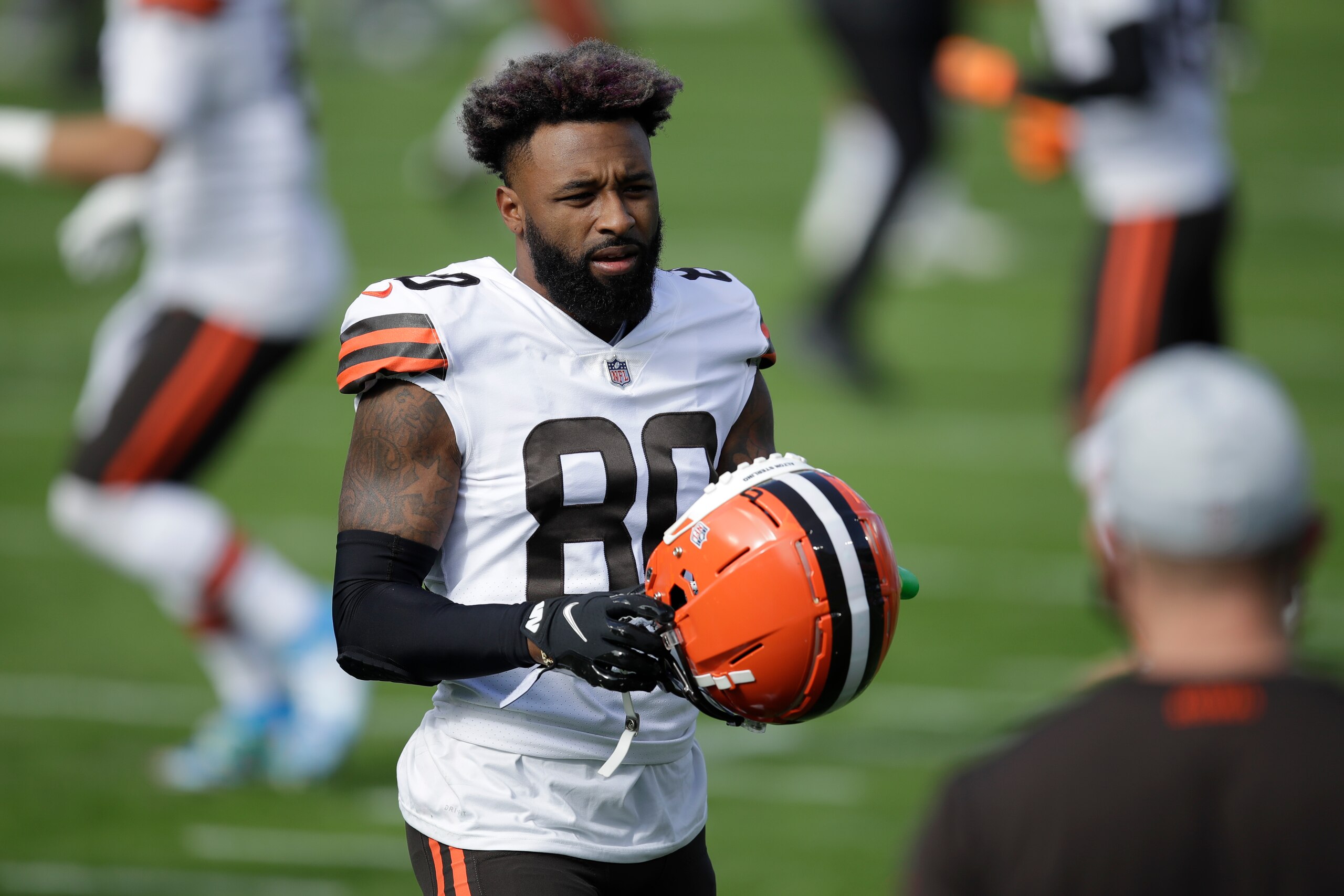 Cleveland Browns wide receiver Jarvis Landry (80) warms up before an NFL football game against the Tennessee Titans Sunday, Dec. 6, 2020, in Nashville, Tenn. (AP Photo/Ben Margot)