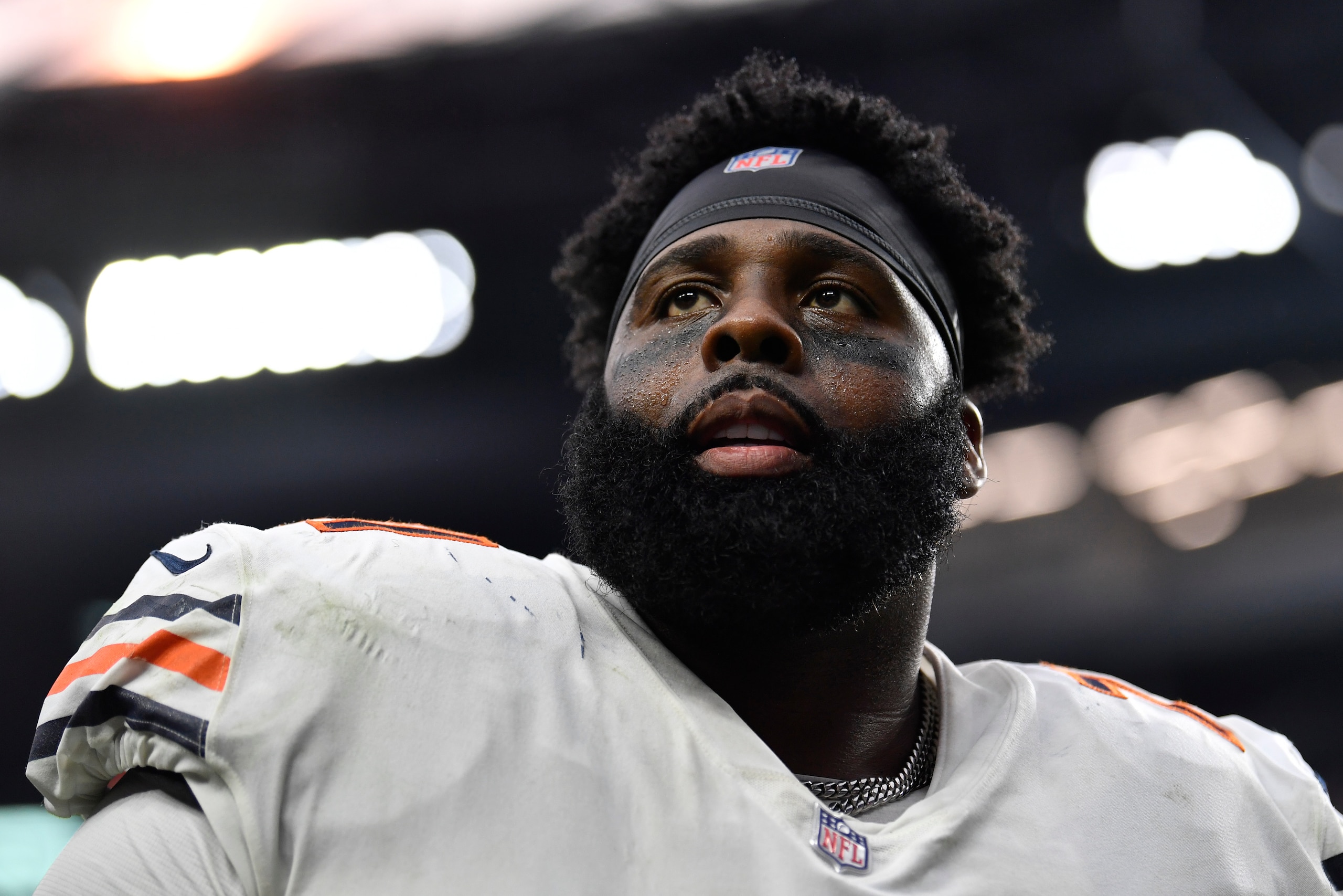 LAS VEGAS, NEVADA - OCTOBER 10:  Offensive tackle Jason Peters #71 of the Chicago Bears reacts after a victory against the Las Vegas Raiders at Allegiant Stadium on October 10, 2021 in Las Vegas, Nevada. The Bears defeated the Raiders 20-9. (Photo by Chris Unger/Getty Images)
