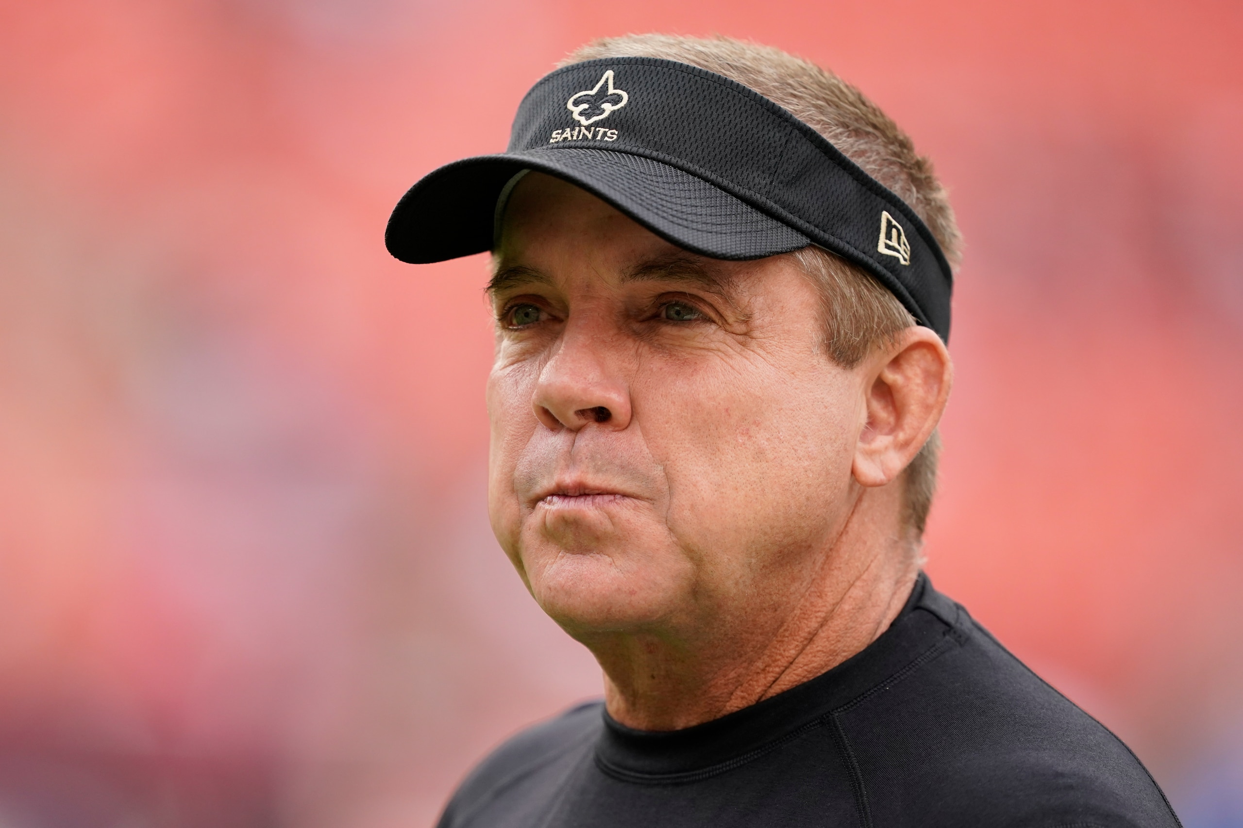 New Orleans Saints head coach Sean Payton walks on the field before an NFL football game against the Washington Football Team, Sunday, Oct. 10, 2021, in Landover, Md. (AP Photo/Alex Brandon)