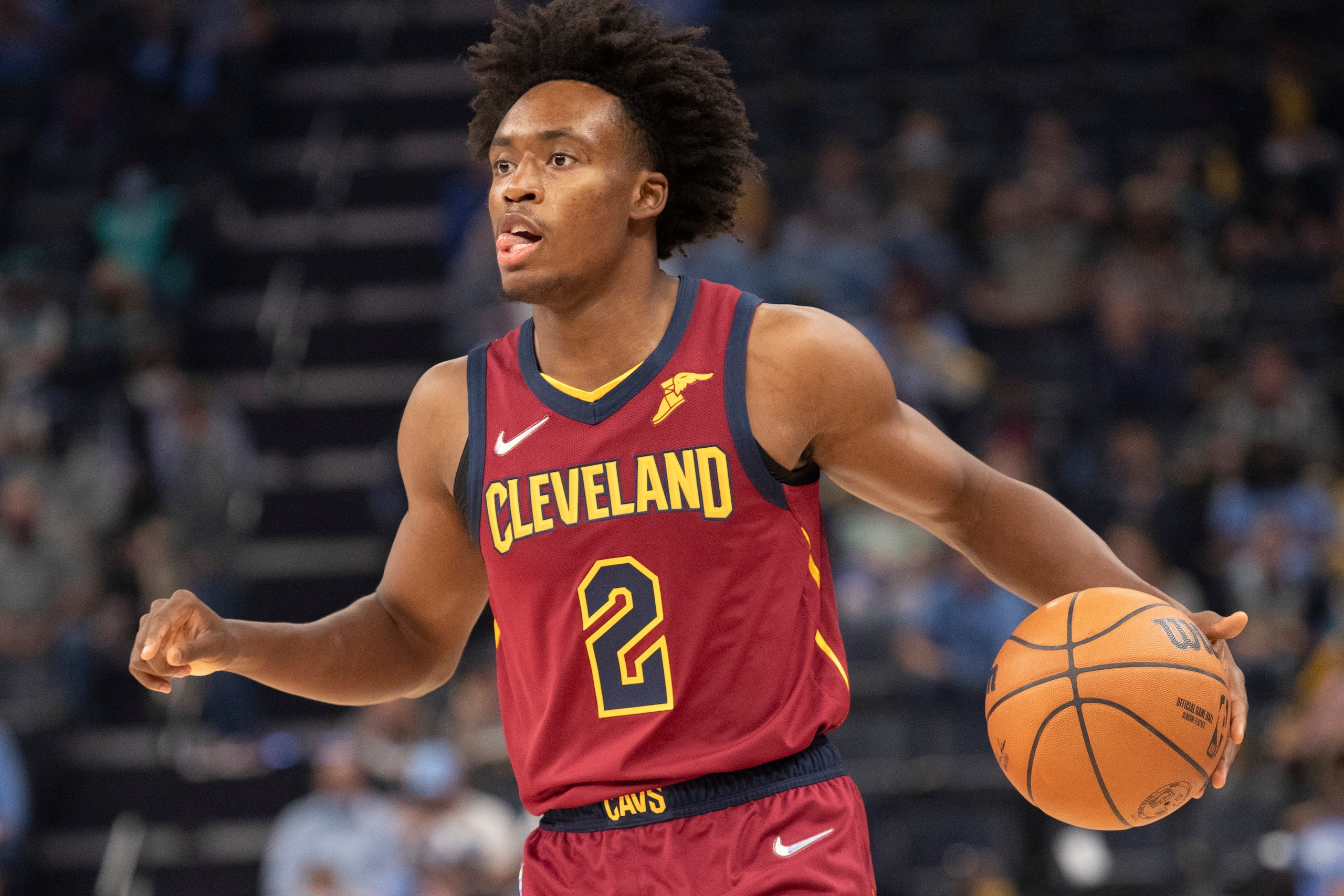 Cleveland Cavaliers Collin Sexton (2) dribbles the ball in the first half of an NBA basketball game Wednesday, Oct. 20, 2021, in Memphis, Tenn. (AP Photo/Nikki Boertman)