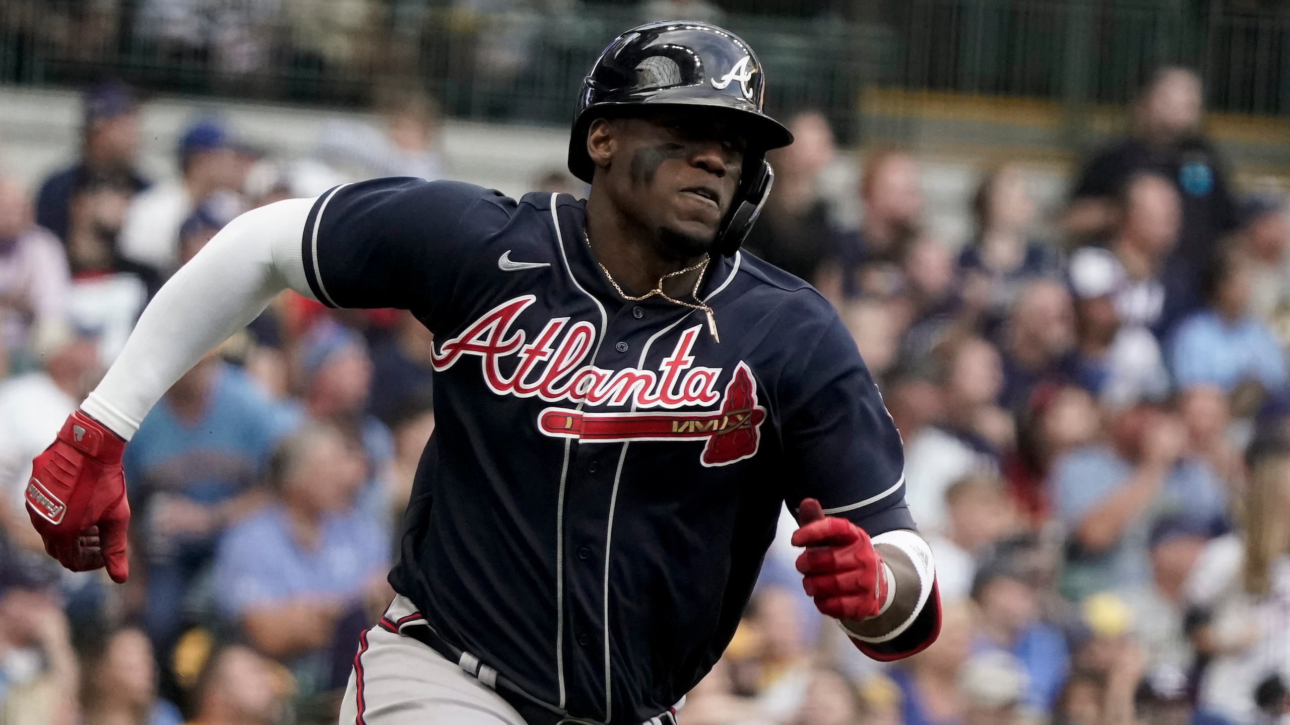 Atlanta Braves' Jorge Soler singles against the Milwaukee Brewers during the third inning in Game 2 of baseball's National League Divisional Series Saturday, Oct. 9, 2021, in Milwaukee. (AP Photo/Morry Gash) Atlanta Braves' Jorge Soler singles against the Milwaukee Brewers during the third inning in Game 2 of baseball's National League Divisional Series Saturday, Oct. 9, 2021, in Milwaukee. (AP Photo/Morry Gash)