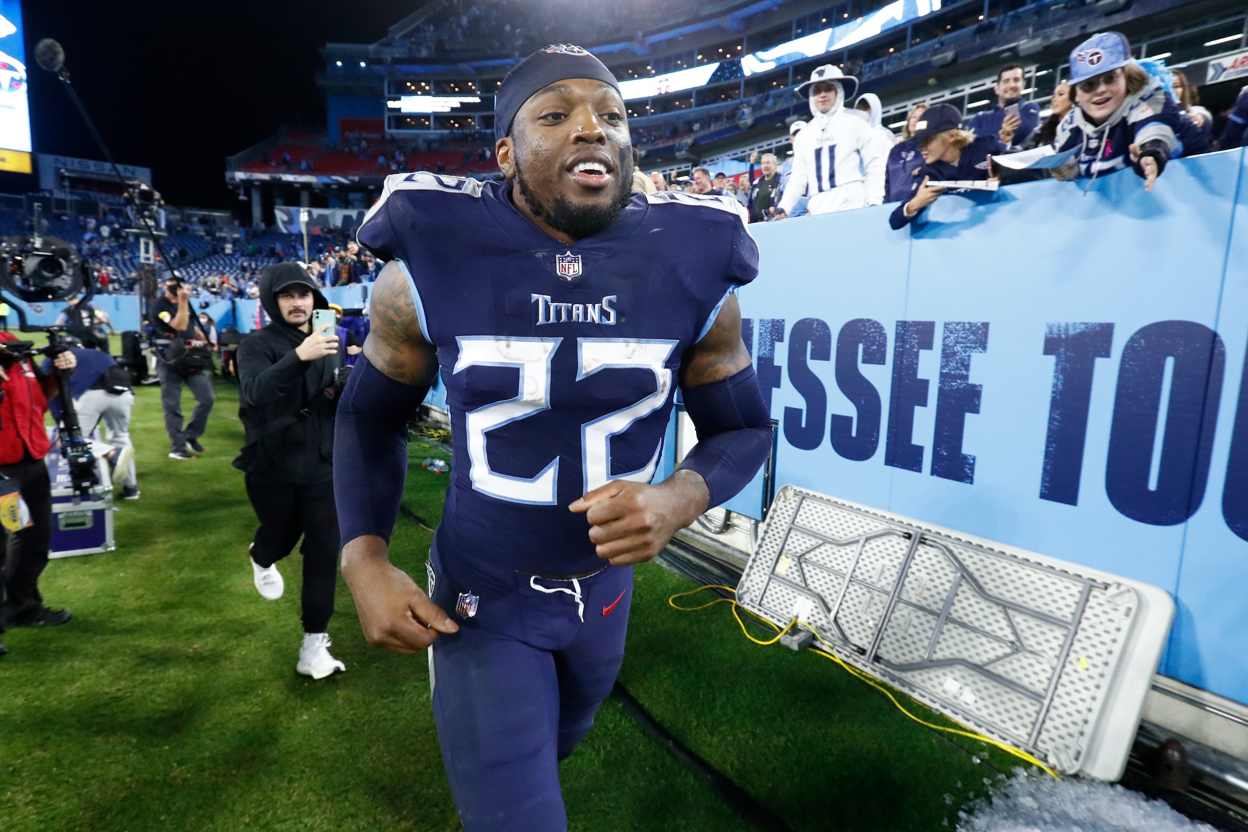Tennessee Titans running back Derrick Henry leaves the field after the Titans beat the Buffalo Bills 34-31 in an NFL football game Monday, Oct. 18, 2021, in Nashville, Tenn. (AP Photo/Wade Payne) Tennessee Titans running back Derrick Henry leaves the field after the Titans beat the Buffalo Bills 34-31 in an NFL football game Monday, Oct. 18, 2021, in Nashville, Tenn. (AP Photo/Wade Payne)