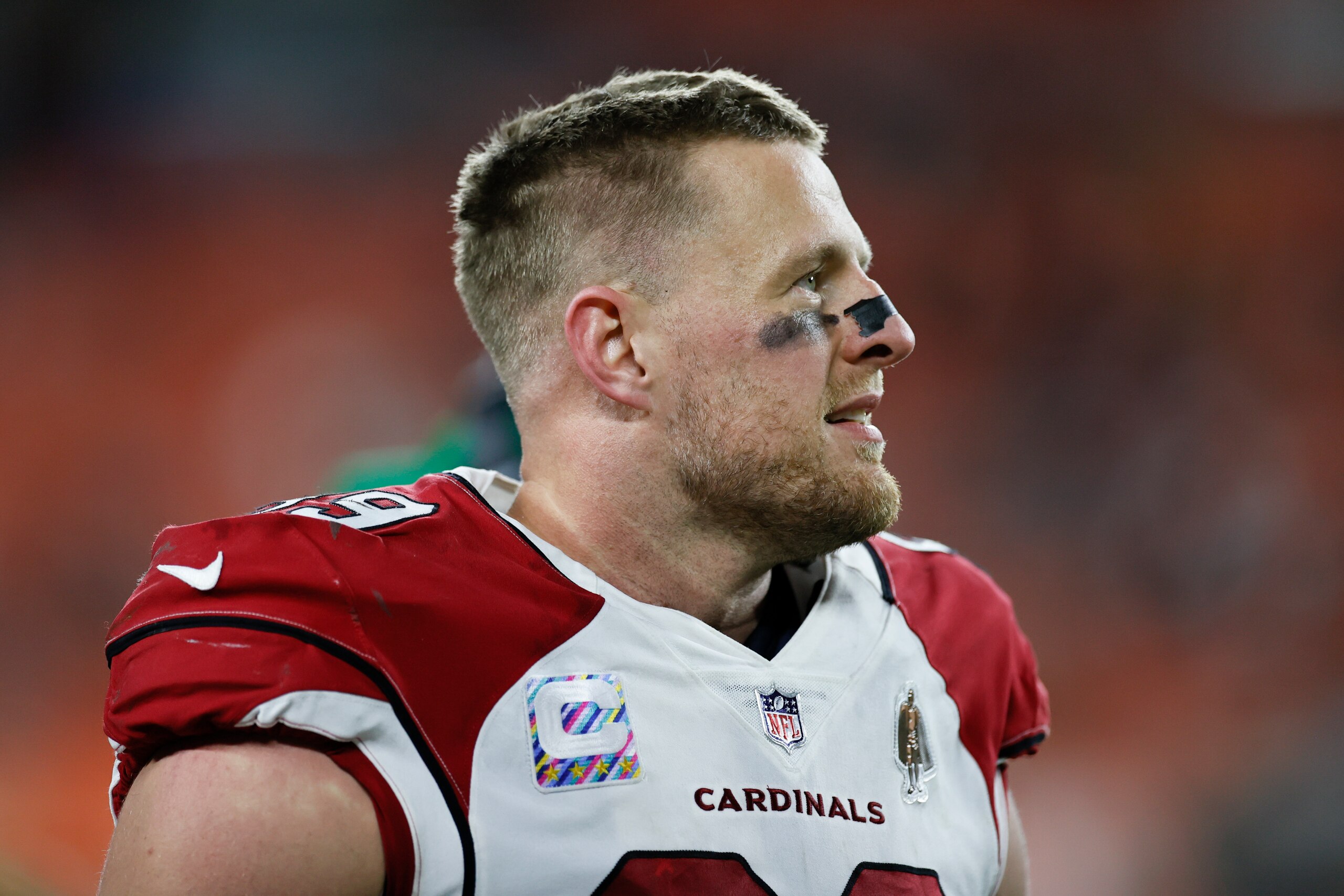 Arizona Cardinals defensive end J.J. Watt (99) stands on the sideline during the second half of an NFL football game against the Cleveland Browns, Sunday, Oct. 17, 2021, in Cleveland. (AP Photo/Ron Schwane)