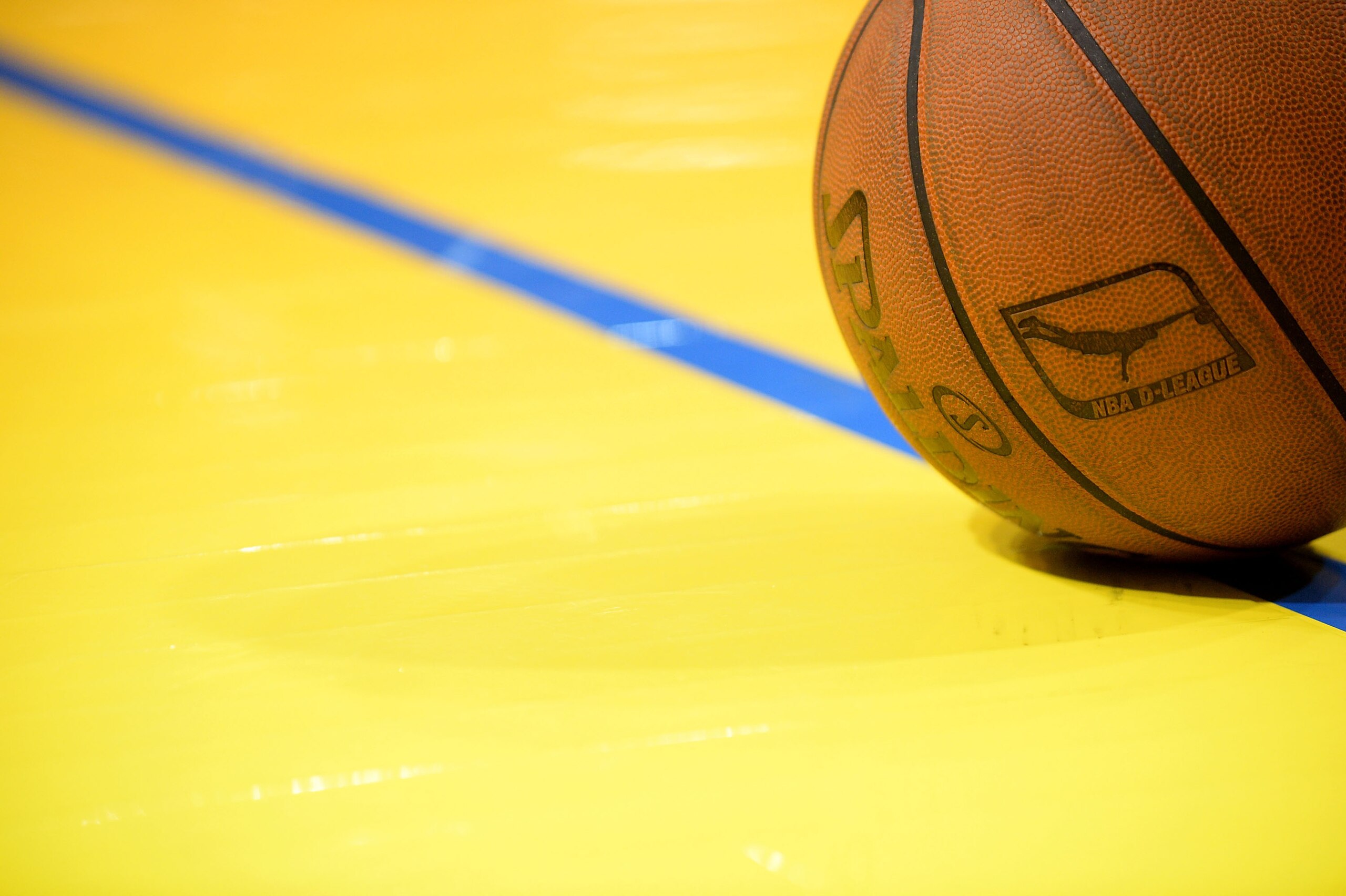 SANTA CRUZ, CA - JANUARY 16:   A detailed view of the NBA D-League logo on a basketball during the game between the Delaware 87ers and the Iowa Energy during the 2015 NBA D-League Showcase presented by Samsung at the Kaiser Permanente Arena on January 16, 2015 in Santa Cruz, California. NOTE TO USER: User expressly acknowledges and agrees that, by downloading and/or using this Photograph, user is consenting to the terms and conditions of the Getty Images License Agreement. Mandatory Copyright Notice: Copyright 2015 NBAE (Photo by Noah Graham/NBAE via Getty Images)