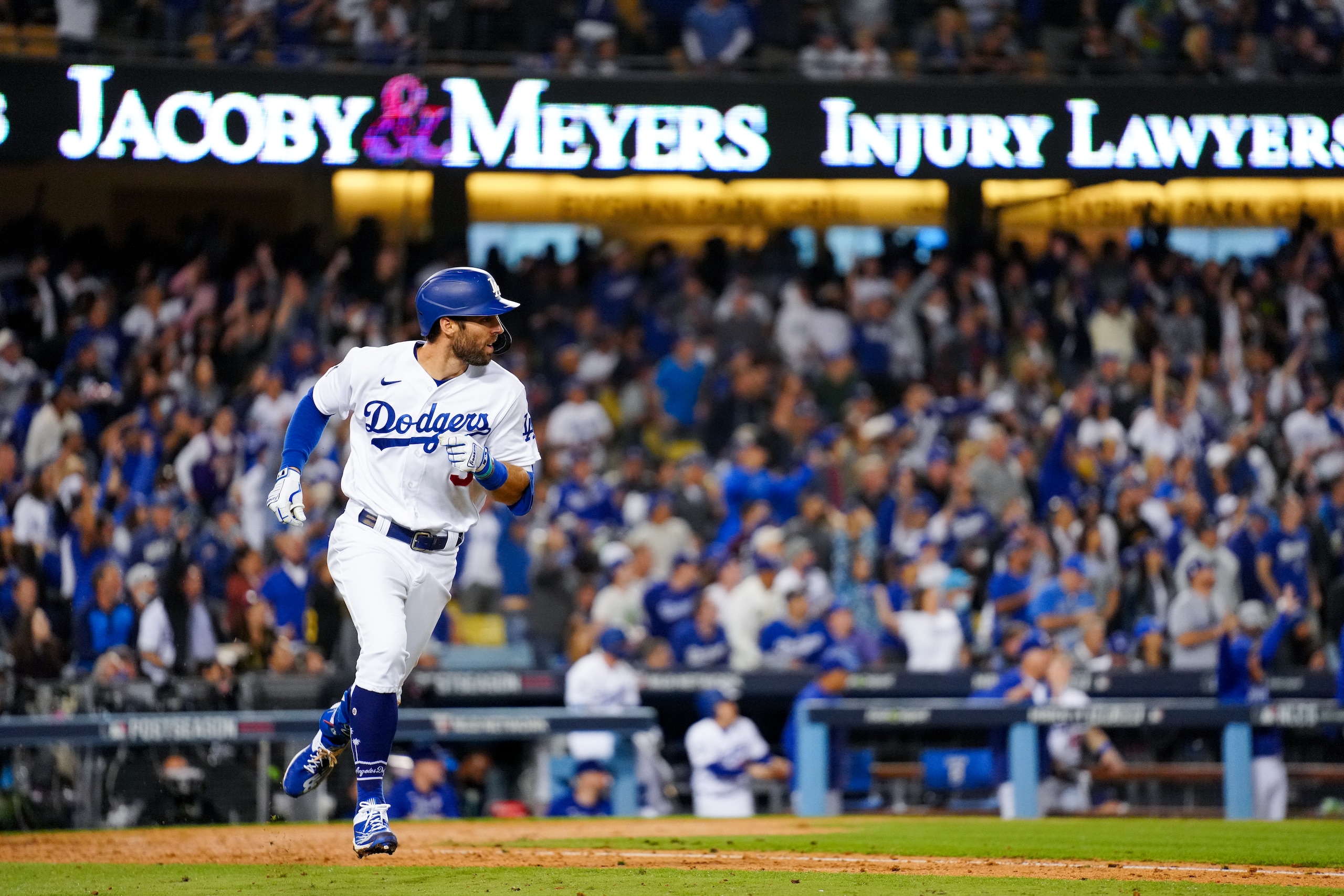 LOS ANGELES, CA - OCTOBER 21: Chris Taylor #3 of the Los Angeles Dodgers hits a solo home run in the seventh inning during Game 5 of the NLCS between the Atlanta Braves and the Los Angeles Dodgers at Dodgers Stadium on Thursday, October 21, 2021 in Los Angeles, California. (Photo by Daniel Shirey/MLB Photos via Getty Images)