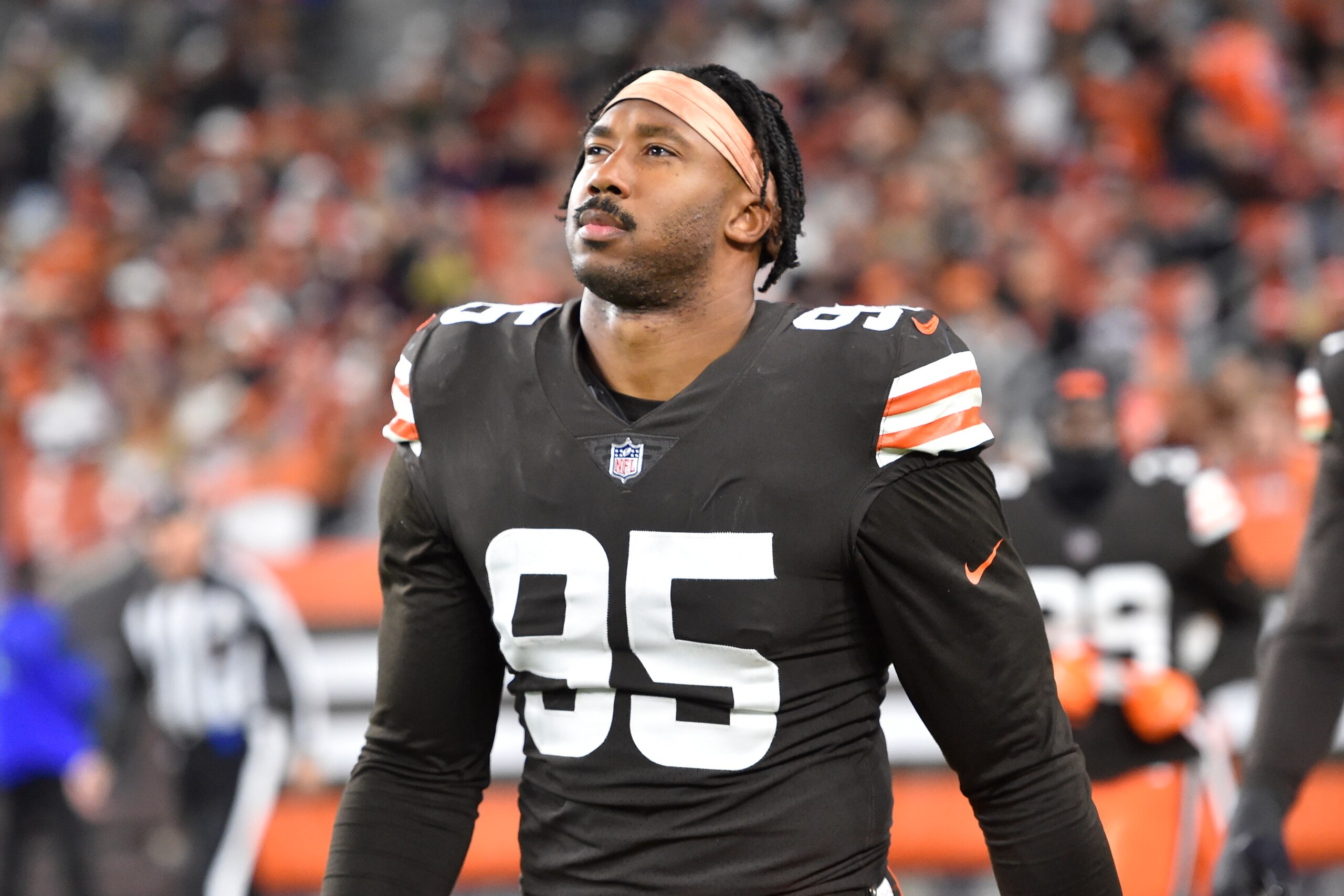Cleveland Browns defensive end Myles Garrett walks on the field at halftime of an NFL football game against the Denver Broncos, Thursday, Oct. 21, 2021, in Cleveland. The Browns won 17-14. (AP Photo/David Richard)