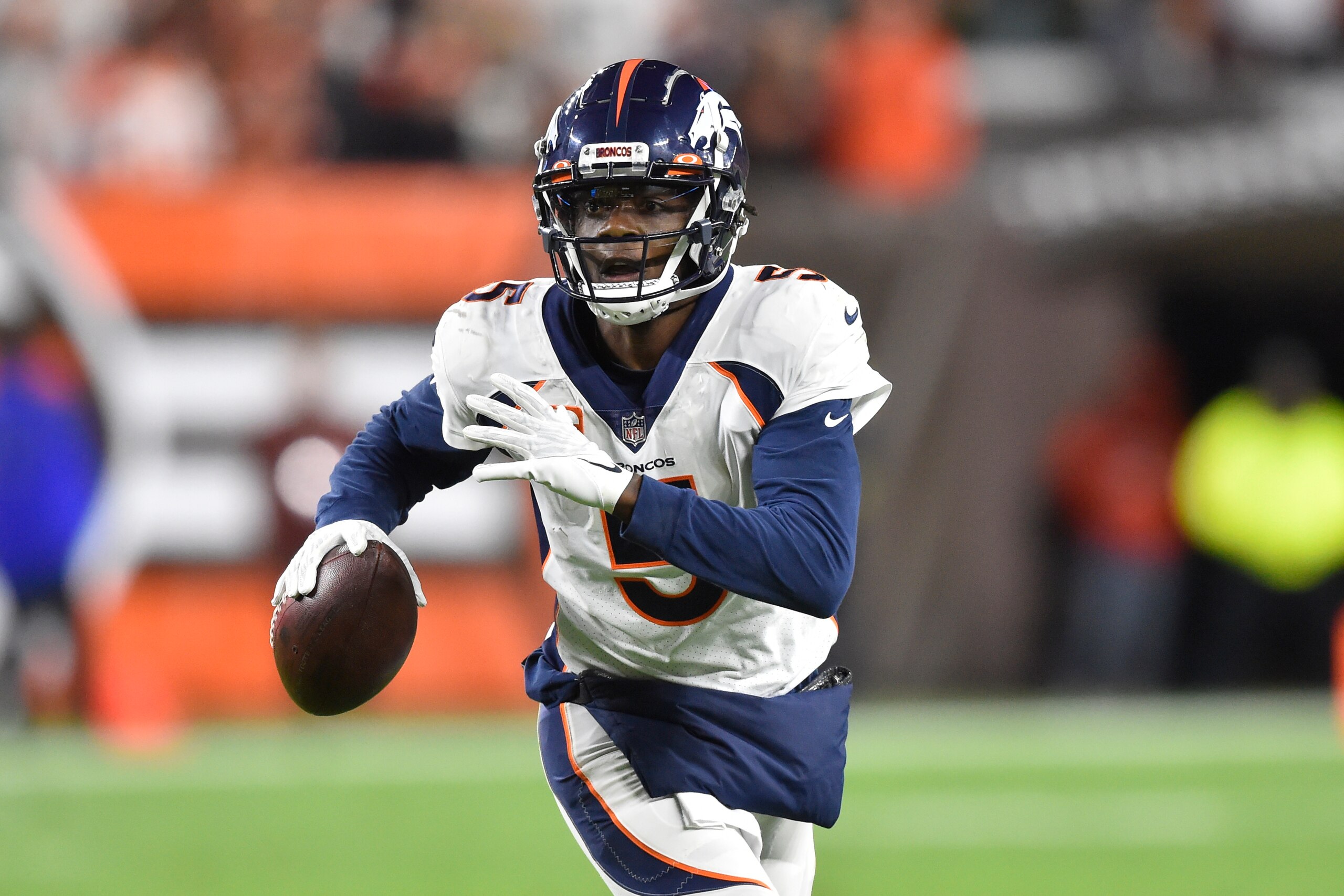 Denver Broncos quarterback Teddy Bridgewater scrambles during an NFL football game against the Cleveland Browns, Thursday, Oct. 21, 2021, in Cleveland. The Browns won 17-14. (AP Photo/David Richard)