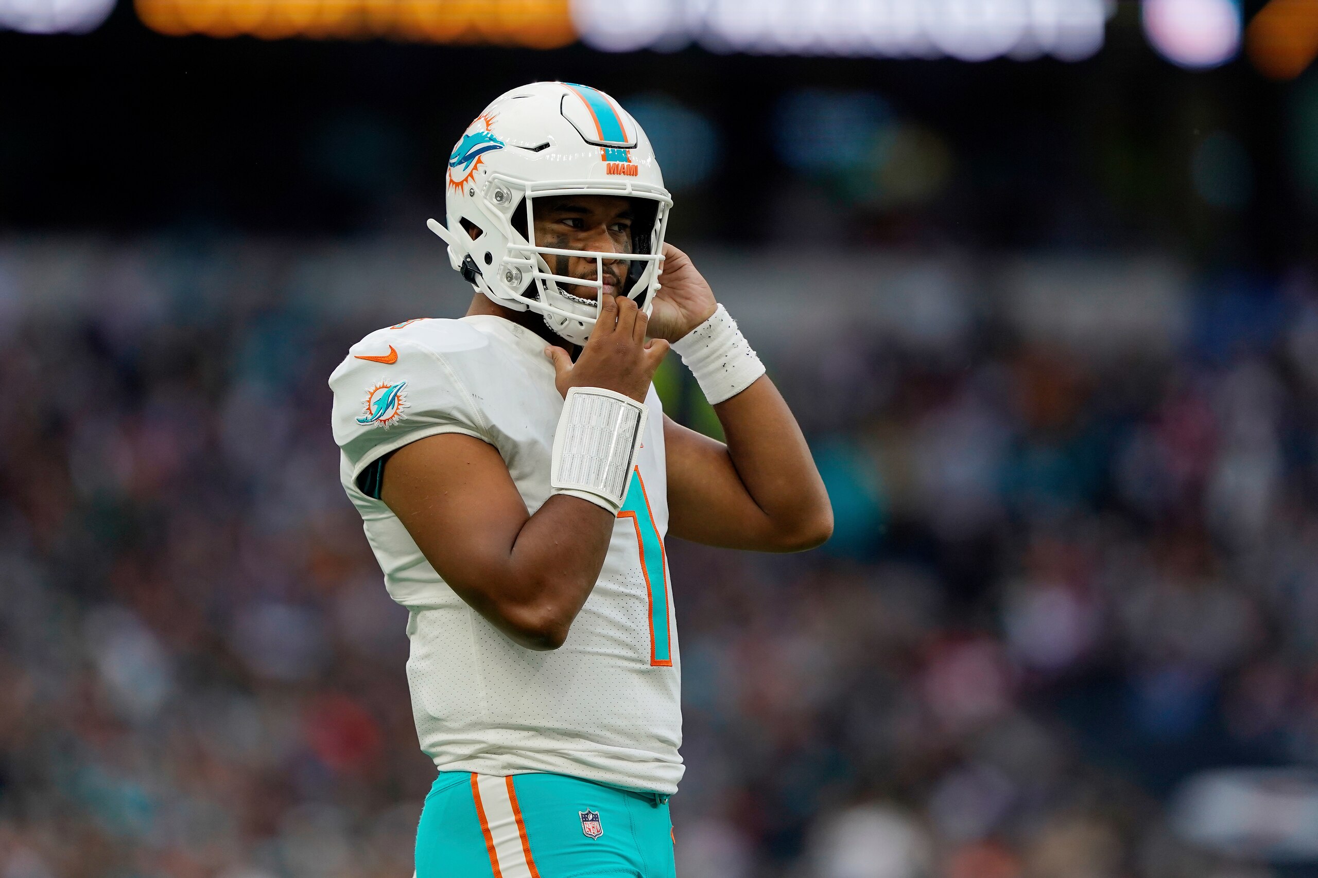 Miami Dolphins quarterback Tua Tagovailoa (1) looks on during an NFL football game against the Jacksonville Jaguars at Tottenham Hotspur Stadium in London, Sunday, Oct. 17, 2021. The Jacksonville Jaguars defeated the Miami Dolphins 23-20. (AP Photo/Steve Luciano)
