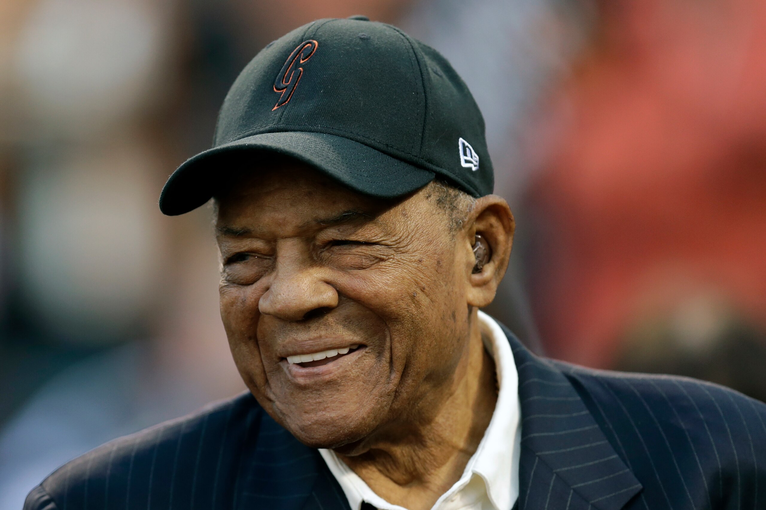 FILE - Baseball legend Willie Mays smiles prior to a game between the New York Mets and the San Francisco Giants in San Francisco, in this Friday, Aug. 19, 2016, file photo. On Thursday, May 6, 2021, Mays turns 90. (AP Photo/Ben Margot, File)