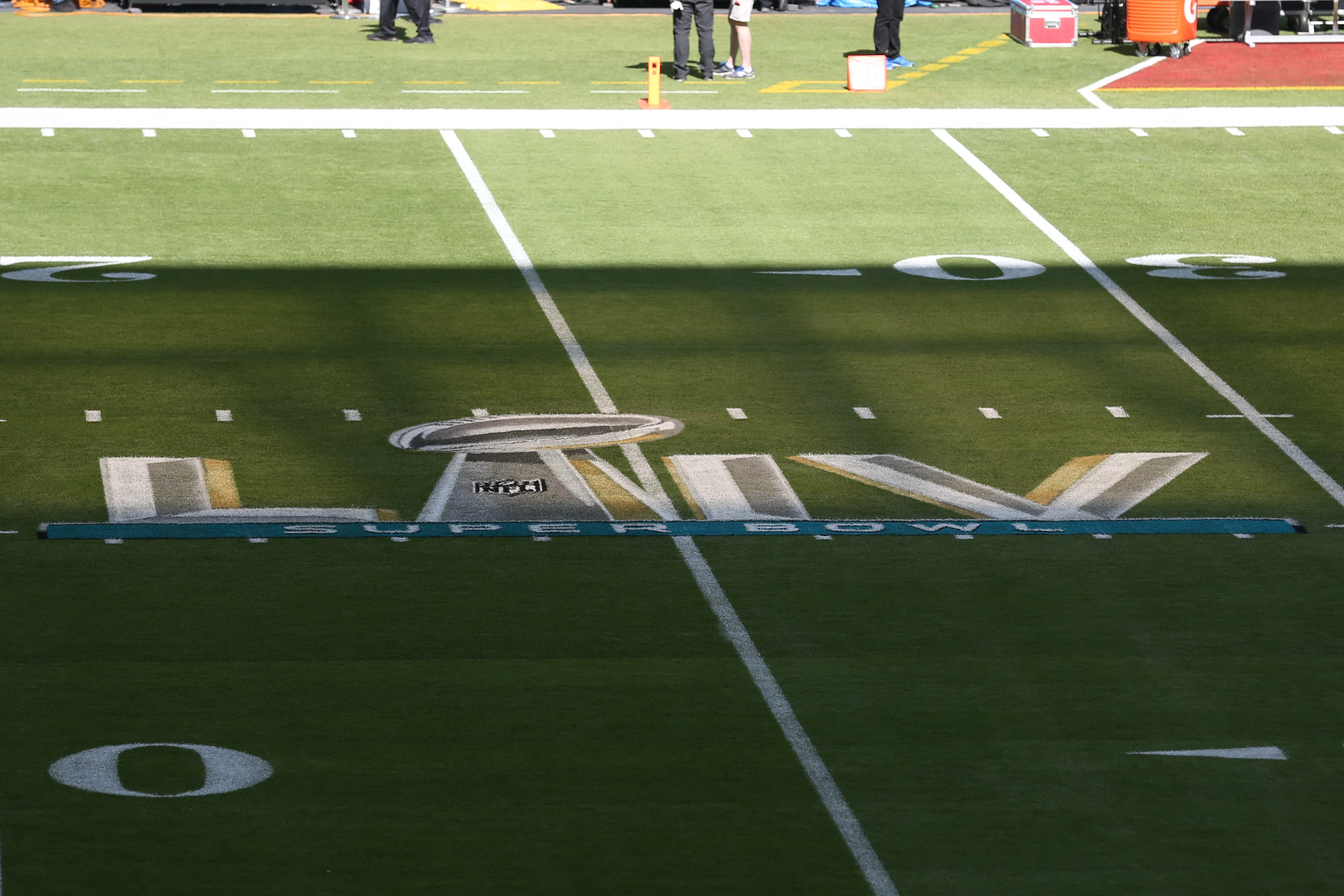 MIAMI GARDENS, FL - FEBRUARY 02:  A general  view of the Super Bowl LIV Logo on the field inside Hard Rock Stadium  prior to Super Bowl LIV on February 2, 2020 at Hard Rock Stadium in Miami Gardens, FL.  (Photo by Rich Graessle/PPI/Icon Sportswire via Getty Images)