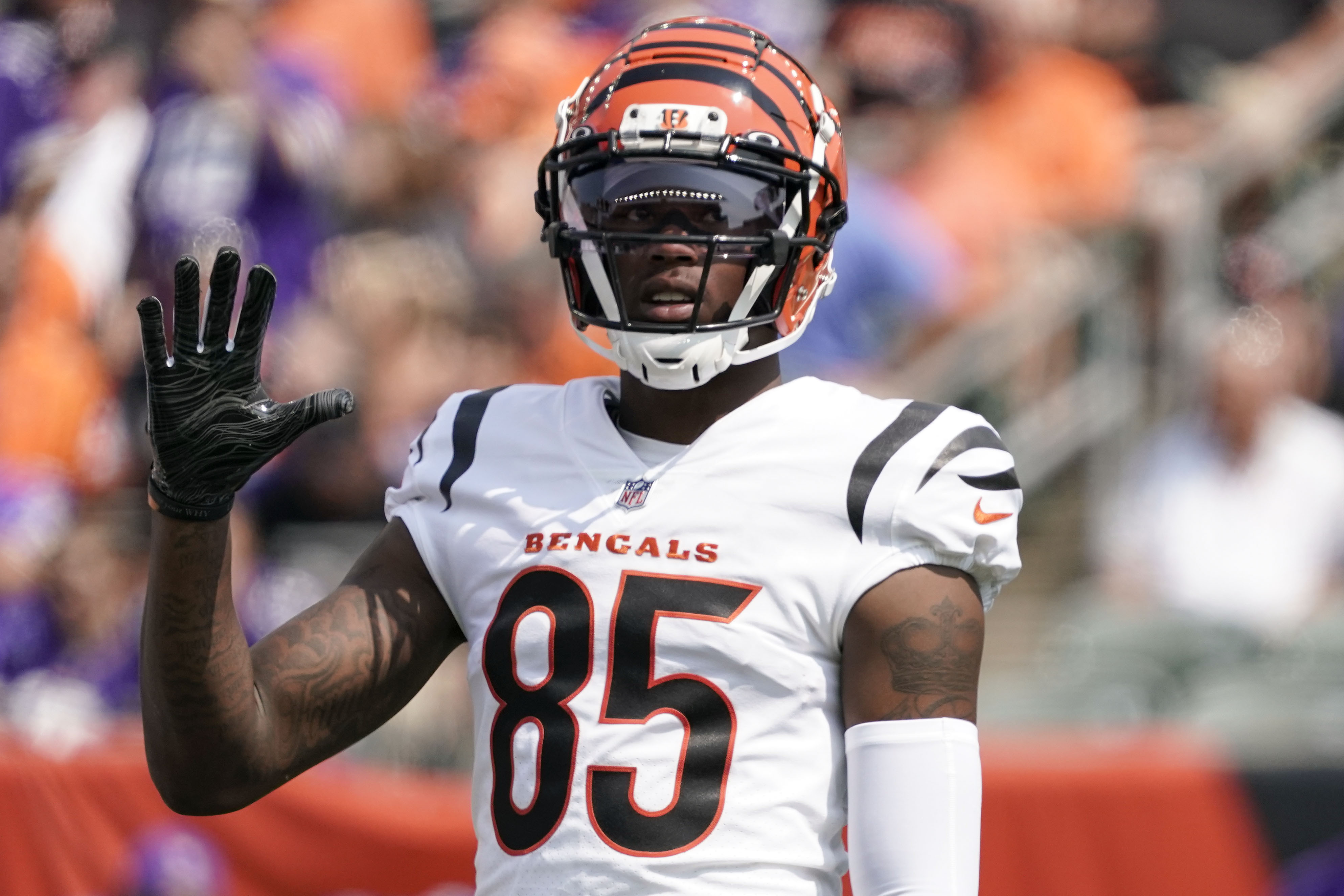 Cincinnati Bengals wide receiver Tee Higgins (85) plays during an NFL football game against the Minnesota Vikings Sunday, Sept. 12, 2021, in Cincinnati. (AP Photo/Jeff Dean)