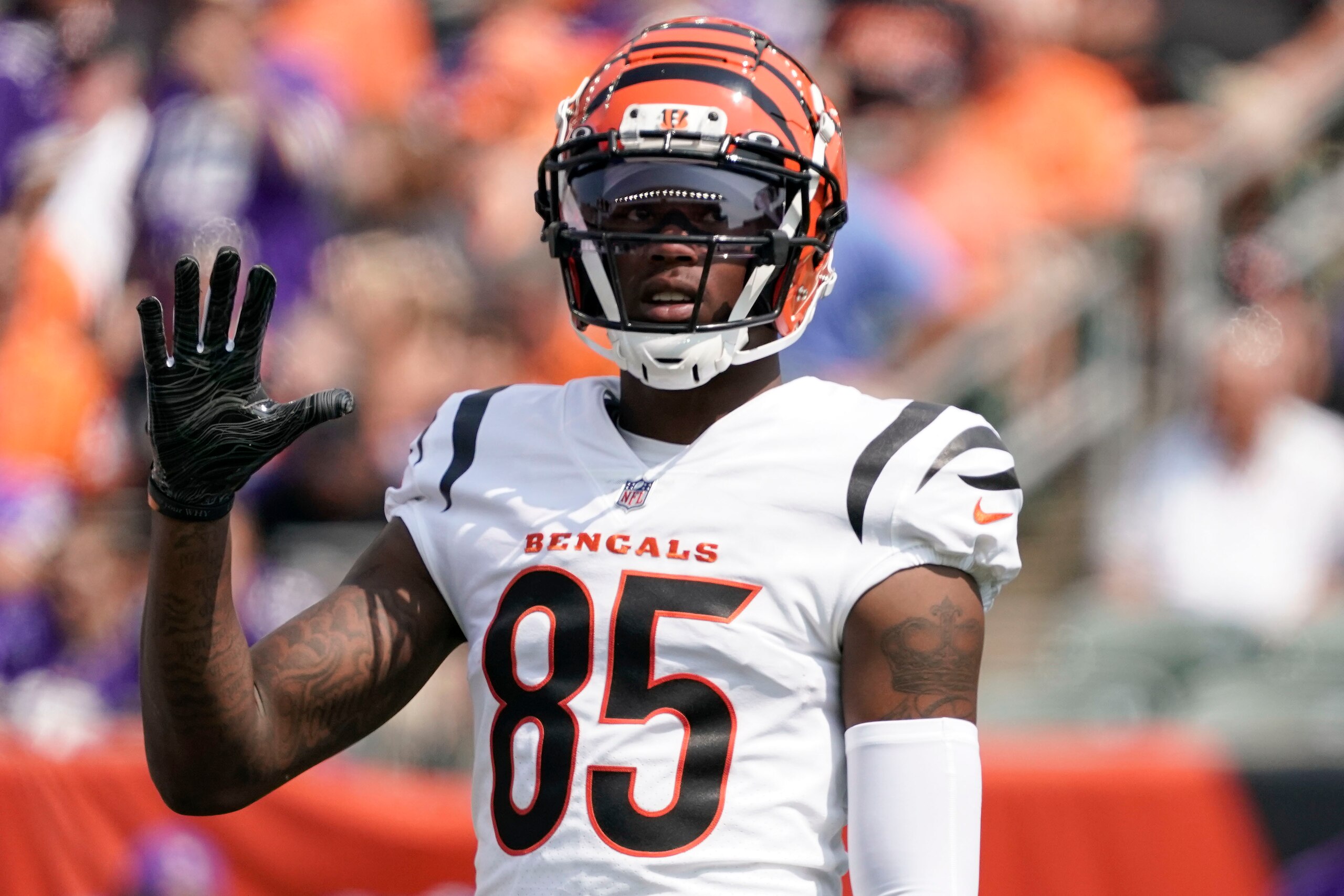 Cincinnati Bengals wide receiver Tee Higgins (85) plays during an NFL football game against the Minnesota Vikings Sunday, Sept. 12, 2021, in Cincinnati. (AP Photo/Jeff Dean)