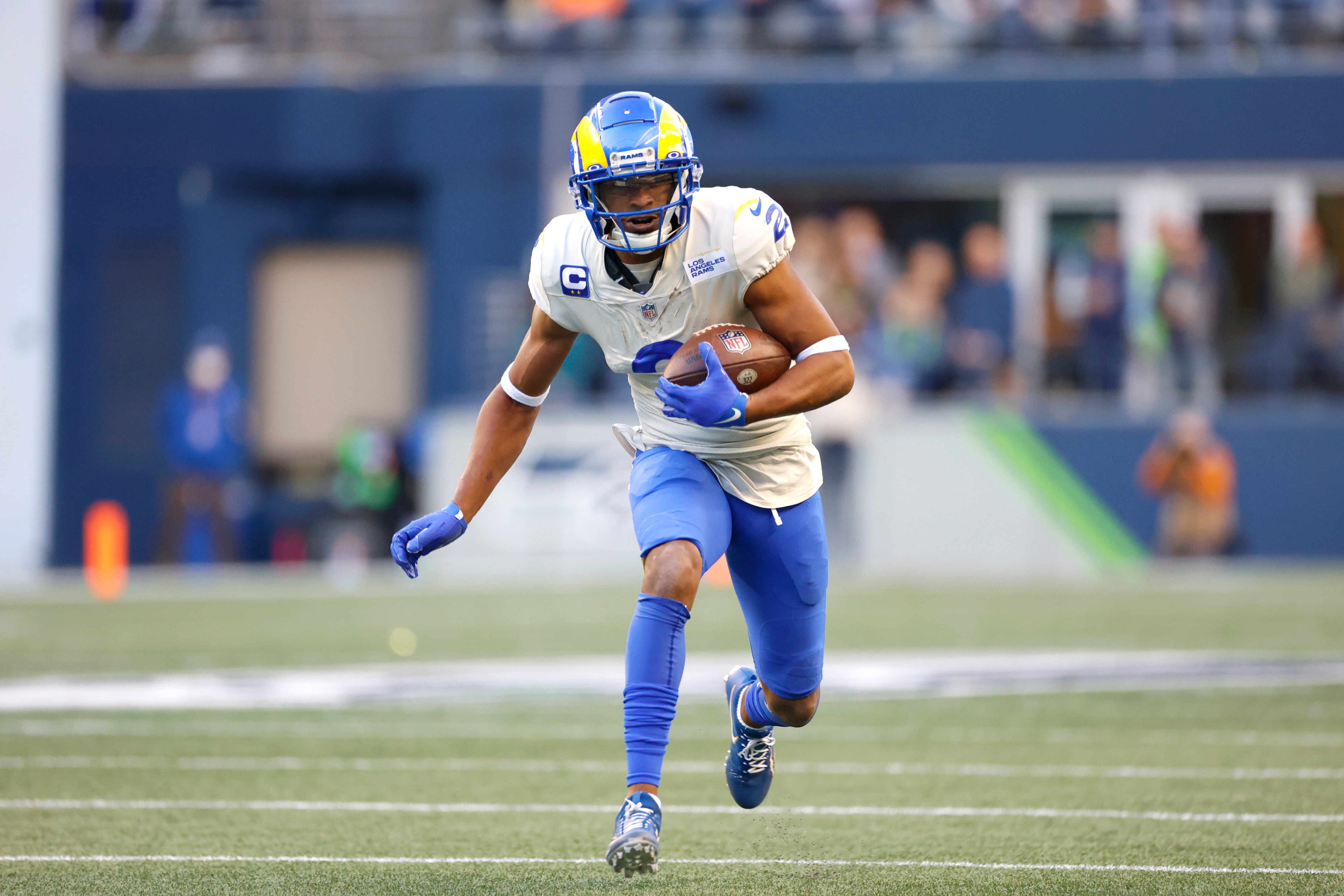 Los Angeles Rams wide receiver Robert Woods (2) runs the ball during the first half of an NFL football game against the Seattle Seahawks, Thursday, Oct. 7, 2021, in Seattle. (AP Photo/Craig Mitchelldyer)