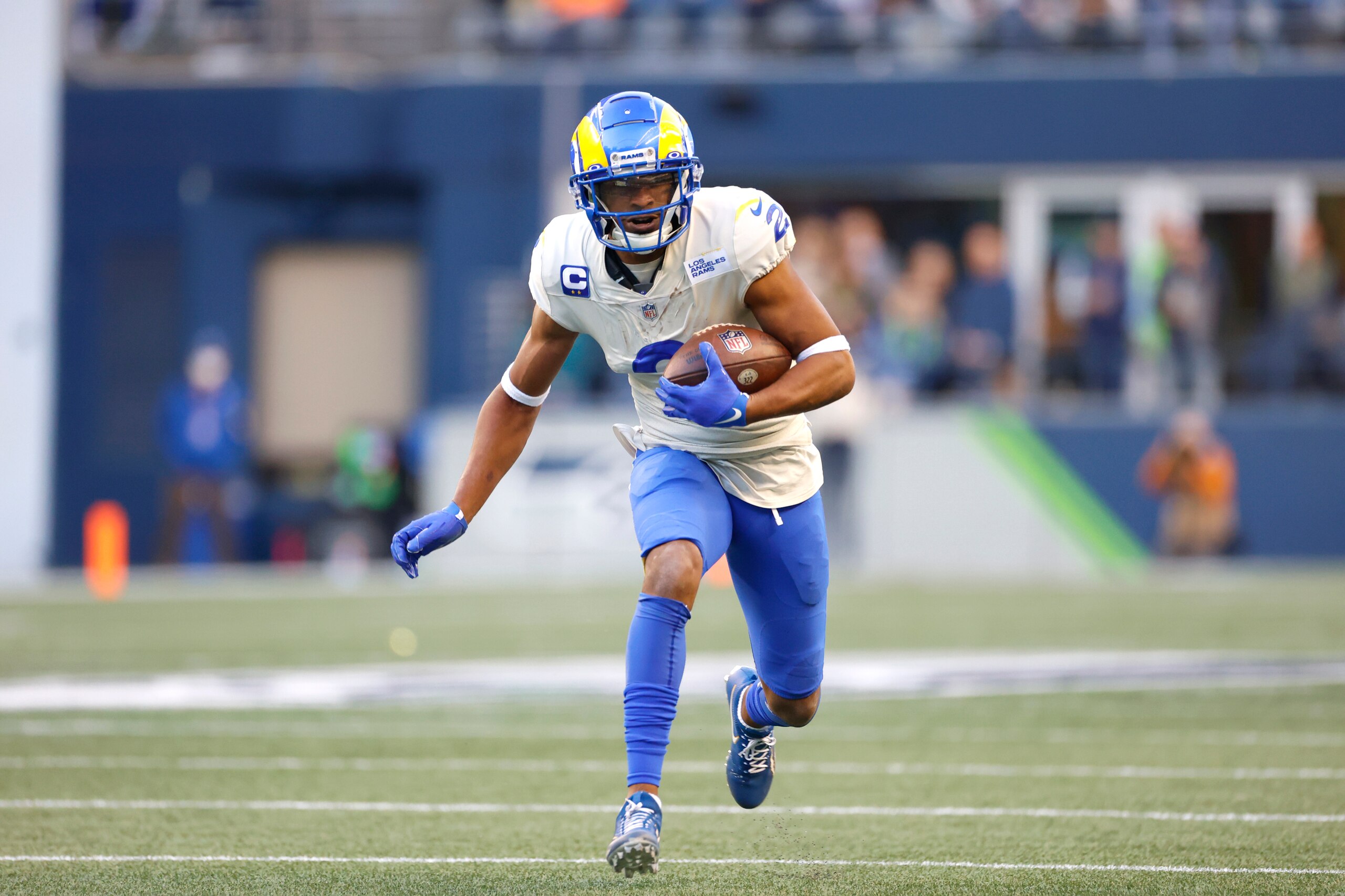 Los Angeles Rams wide receiver Robert Woods (2) runs the ball during the first half of an NFL football game against the Seattle Seahawks, Thursday, Oct. 7, 2021, in Seattle. (AP Photo/Craig Mitchelldyer)