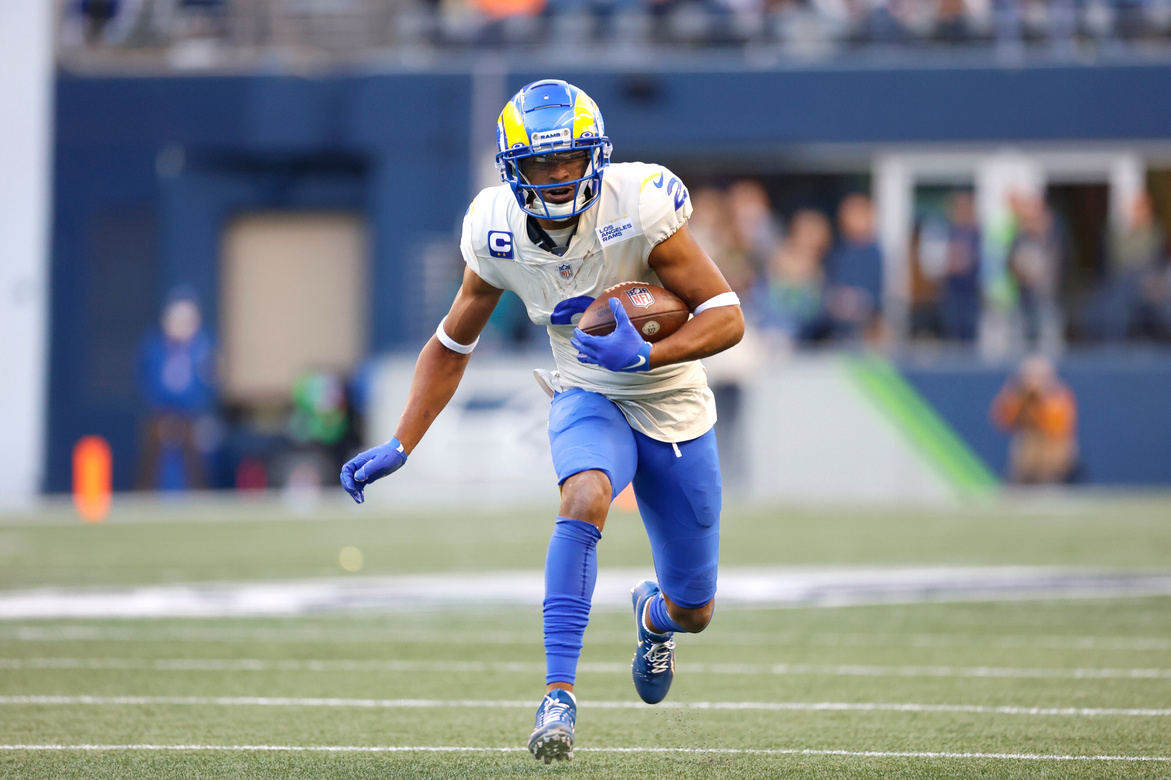 Los Angeles Rams wide receiver Robert Woods (2) runs the ball during the first half of an NFL football game against the Seattle Seahawks, Thursday, Oct. 7, 2021, in Seattle. (AP Photo/Craig Mitchelldyer)