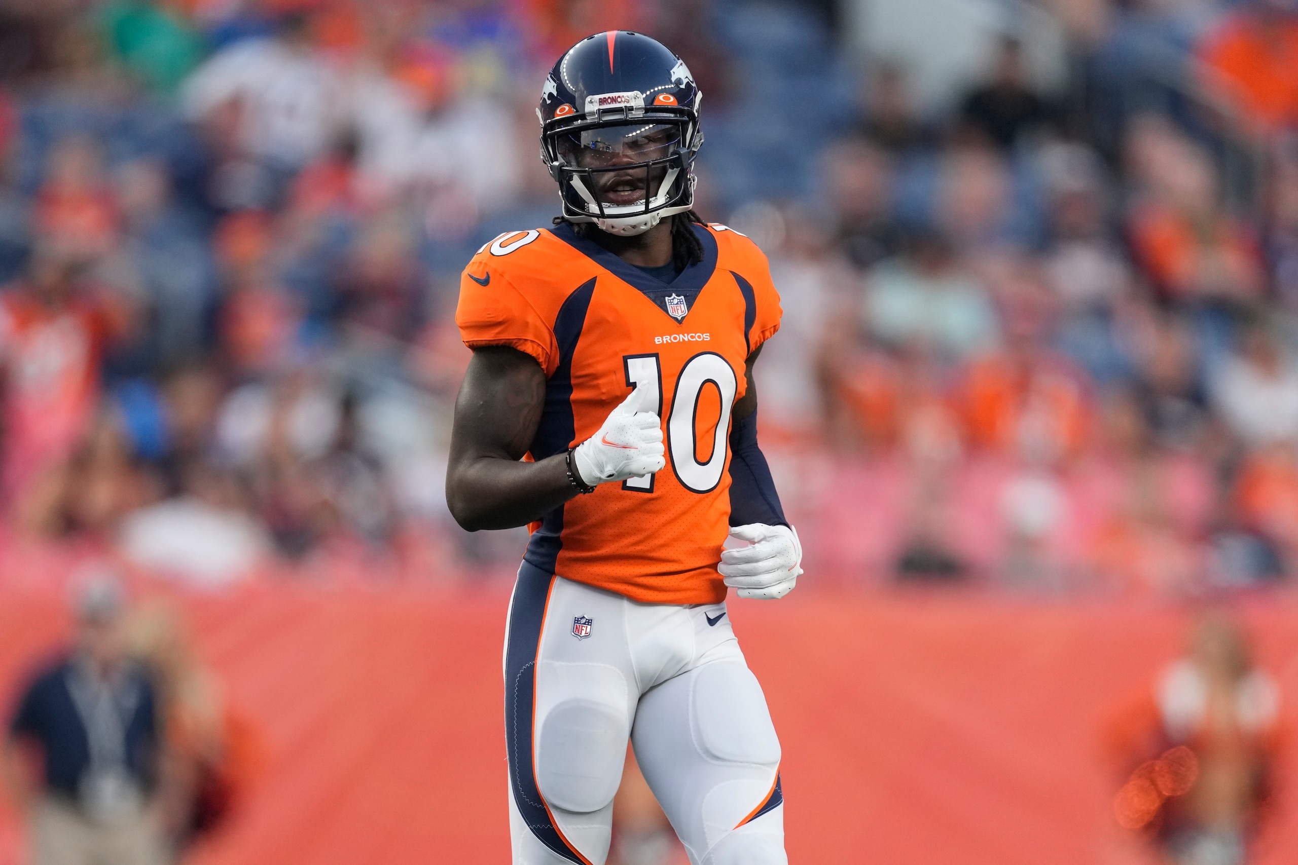 Denver Broncos wide receiver Jerry Jeudy (10) against the Los Angeles Rams during the first half of an NFL preseason football game, Saturday, Aug. 28, 2021, in Denver. (AP Photo/David Zalubowski) Denver Broncos wide receiver Jerry Jeudy (10) against the Los Angeles Rams during the first half of an NFL preseason football game, Saturday, Aug. 28, 2021, in Denver. (AP Photo/David Zalubowski)