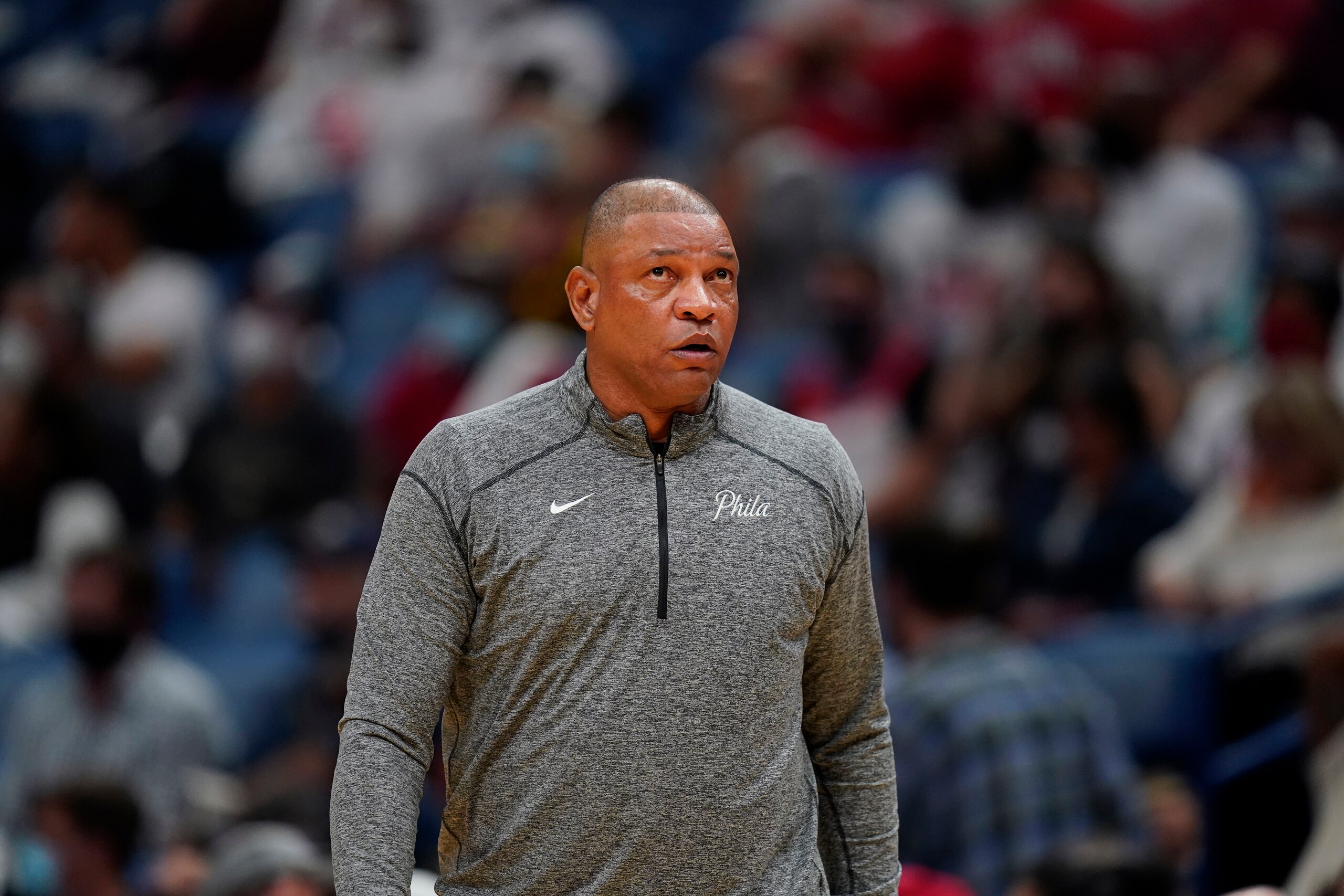 Philadelphia 76ers head coach Doc Rivers walks on the court during a timeout in the second half of an NBA basketball game against the New Orleans Pelicans in New Orleans, Wednesday, Oct. 20, 2021. The 76ers won 117-97. (AP Photo/Gerald Herbert)