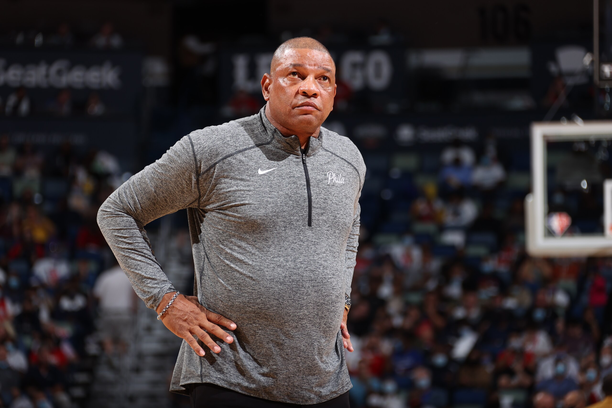 NEW ORLEANS, LA -OCTOBER 20:  Doc Rivers of the Philadelphia 76ers during the game against the New Orleans Pelicans on October 20, 2021 at the Smoothie King Center in New Orleans, Louisiana. NOTE TO USER: User expressly acknowledges and agrees that, by downloading and or using this Photograph, user is consenting to the terms and conditions of the Getty Images License Agreement. Mandatory Copyright Notice: Copyright 2021 NBAE (Photo by Ned Dishman/NBAE via Getty Images)