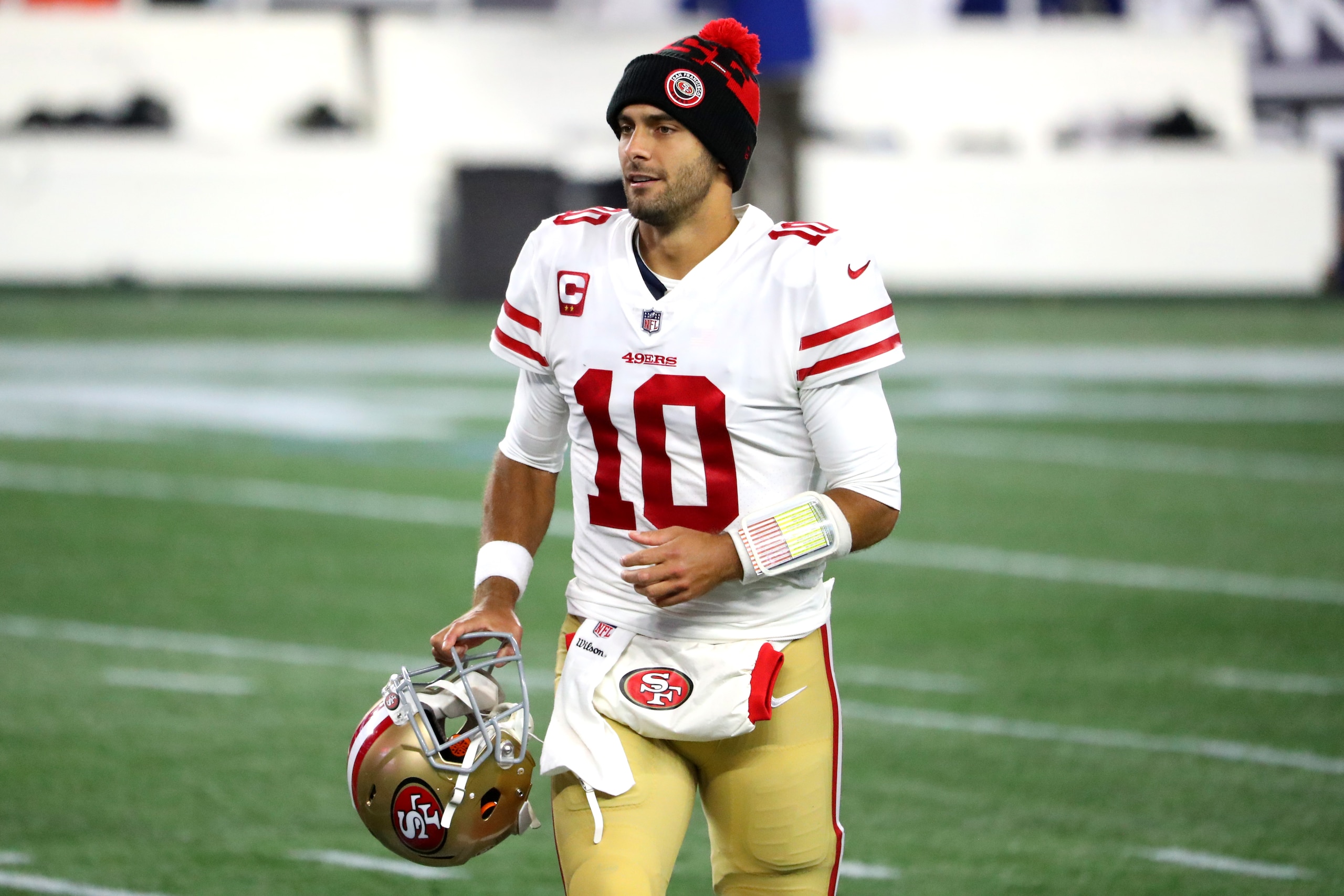 FOXBOROUGH, MASSACHUSETTS - OCTOBER 25: Jimmy Garoppolo #10 of the San Francisco 49ers looks on after the game against the New England Patriots  at Gillette Stadium on October 25, 2020 in Foxborough, Massachusetts. (Photo by Maddie Meyer/Getty Images)