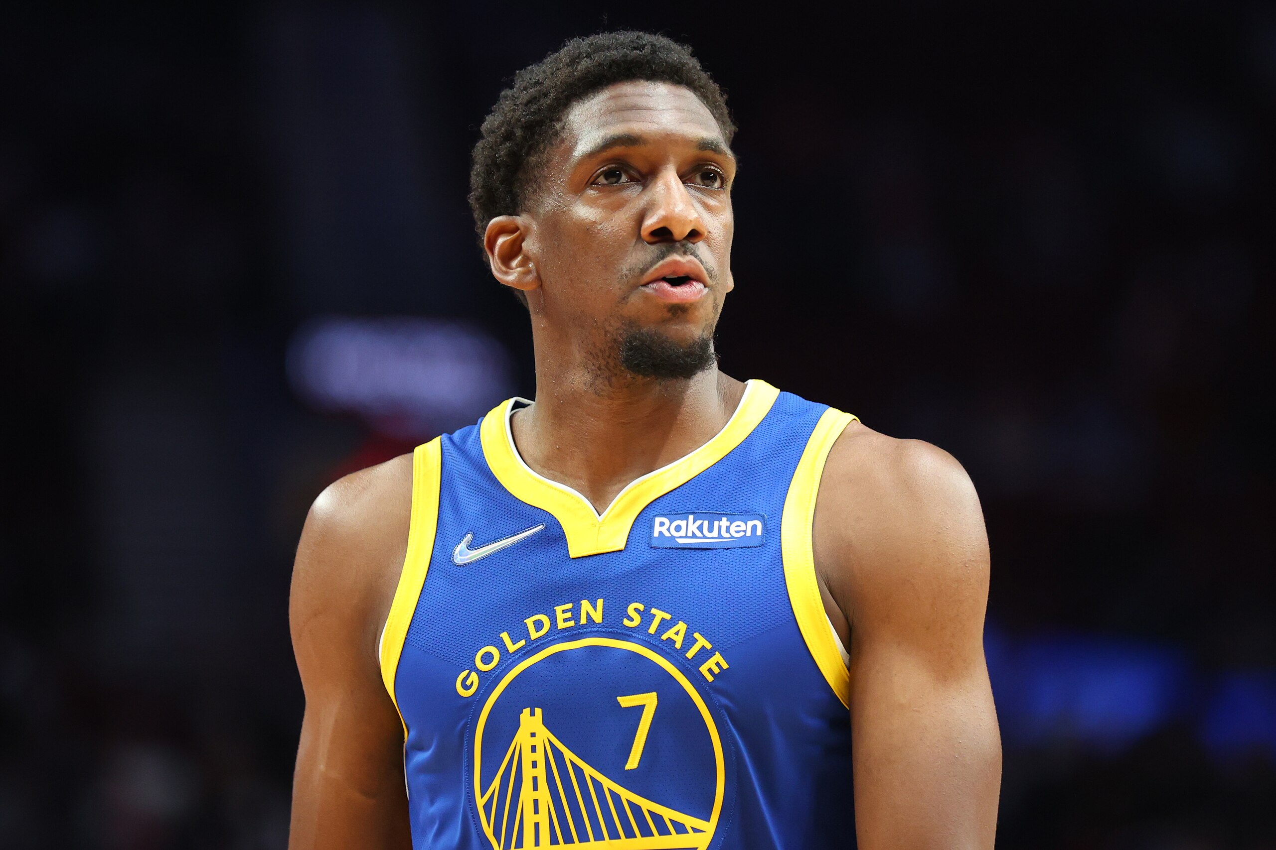 PORTLAND, OREGON - OCTOBER 04: Langston Galloway #7 of the Golden State Warriors looks on against the Portland Trail Blazers in the fourth quarter during the preseason game at Moda Center on October 04, 2021 in Portland, Oregon. NOTE TO USER: User expressly acknowledges and agrees that, by downloading and or using this photograph, User is consenting to the terms and conditions of the Getty Images License Agreement.  (Photo by Abbie Parr/Getty Images)