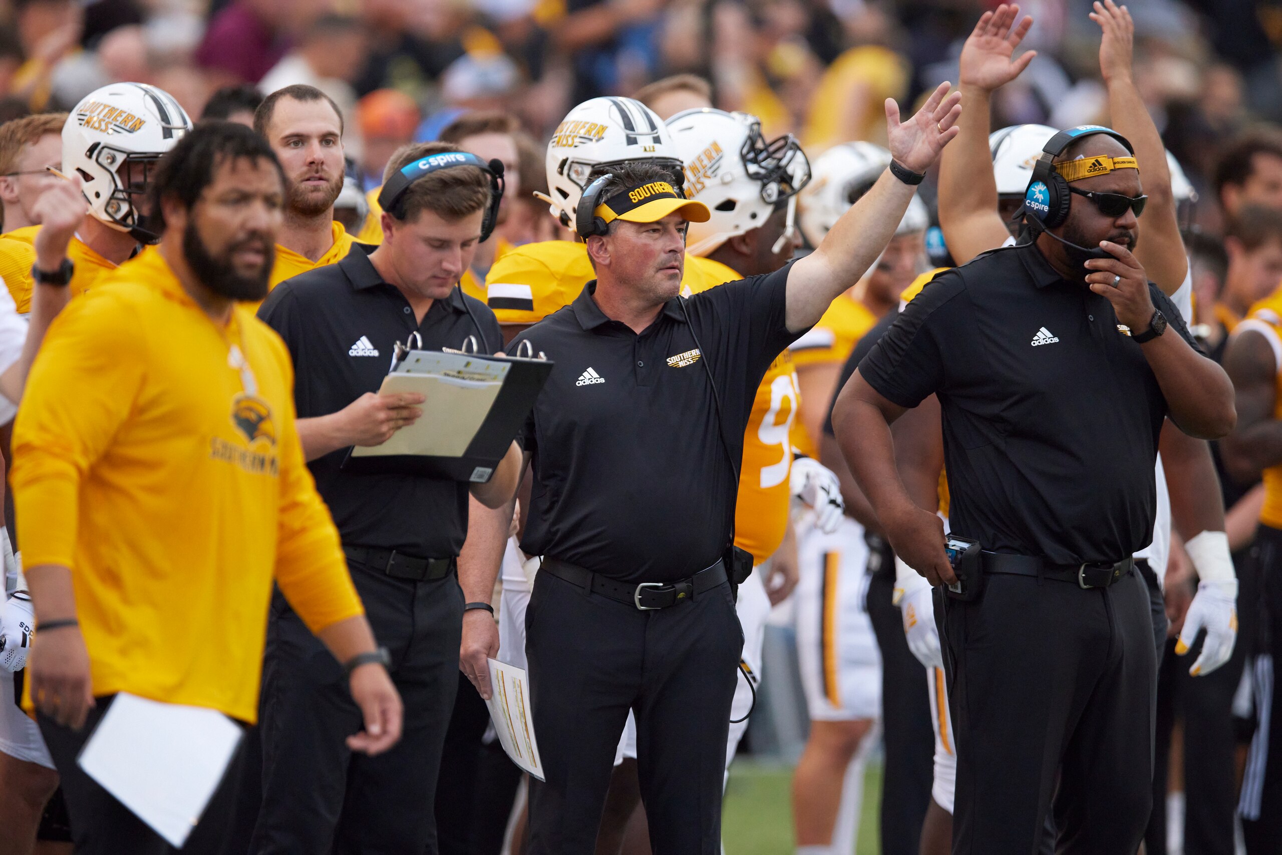 College Football: Southern Mississippi coach Will Hall on sidelines during game vs Troy at M.M. Roberts Stadium. Hattiesburg, MS 9/18/2021 CREDIT: David E. Klutho (Photo by David E. Klutho/Sports Illustrated via Getty Images) (Set Number: X163804 TK1) College Football: Southern Mississippi coach Will Hall on sidelines during game vs Troy at M.M. Roberts Stadium. Hattiesburg, MS 9/18/2021 CREDIT: David E. Klutho (Photo by David E. Klutho/Sports Illustrated via Getty Images) (Set Number: X163804 TK1)