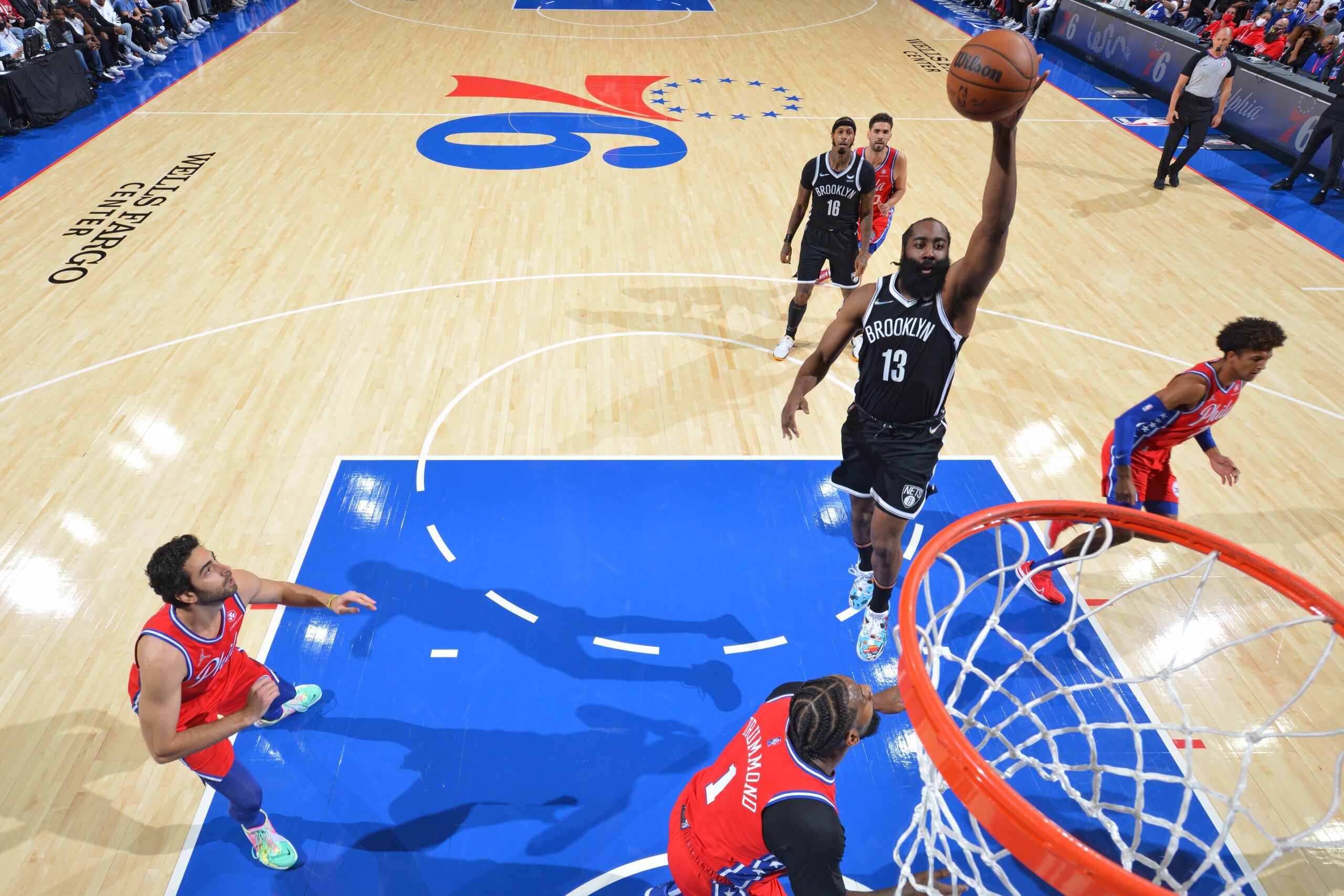 PHILADELPHIA, PA - OCTOBER 22: James Harden #13 of the Brooklyn Nets shoots the ball against the Philadelphia 76ers on October 22, 2021 at Wells Fargo Center in Philadelphia, Pennsylvania. NOTE TO USER: User expressly acknowledges and agrees that, by downloading and/or using this Photograph, user is consenting to the terms and conditions of the Getty Images License Agreement. Mandatory Copyright Notice: Copyright 2021 NBAE (Photo by Jesse D. Garrabrant/NBAE via Getty Images) PHILADELPHIA, PA - OCTOBER 22: James Harden #13 of the Brooklyn Nets shoots the ball against the Philadelphia 76ers on October 22, 2021 at Wells Fargo Center in Philadelphia, Pennsylvania. NOTE TO USER: User expressly acknowledges and agrees that, by downloading and/or using this Photograph, user is consenting to the terms and conditions of the Getty Images License Agreement. Mandatory Copyright Notice: Copyright 2021 NBAE (Photo by Jesse D. Garrabrant/NBAE via Getty Images)