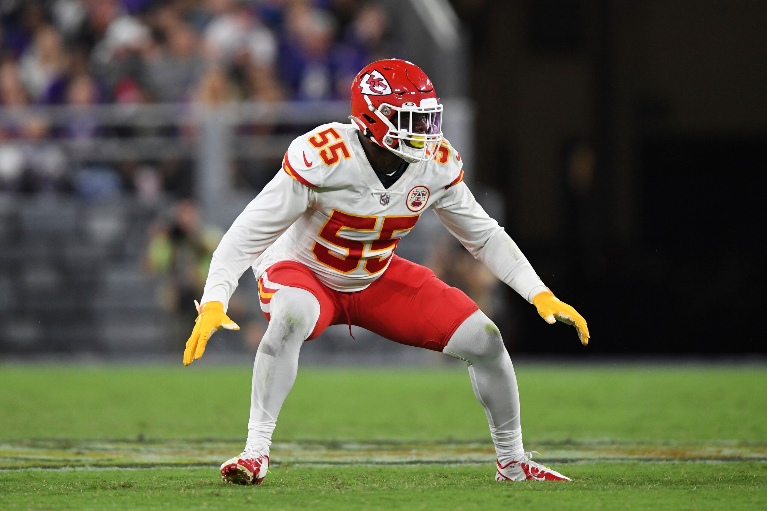 Kansas City Chiefs defensive end Frank Clark (55) in action during the second half of an NFL football game against the Baltimore Ravens, Sunday, Sept. 19, 2021, in Baltimore. (AP Photo/Terrance Williams)