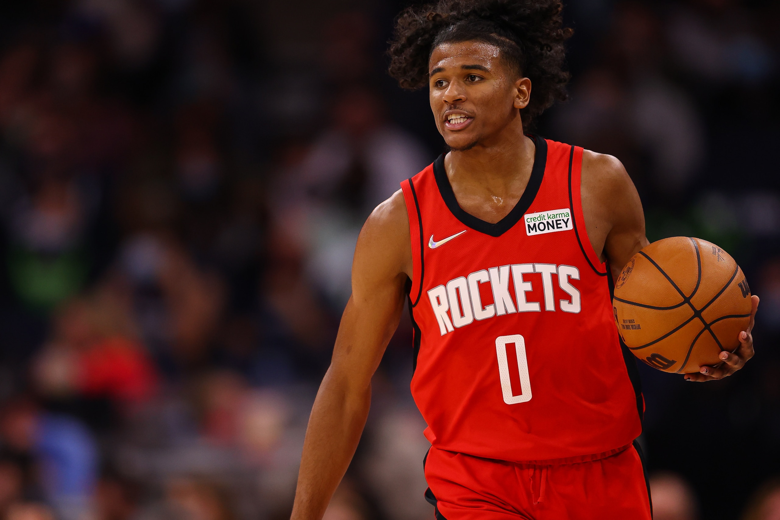 MINNEAPOLIS, MN - OCTOBER 20: Jalen Green #0 of the Houston Rockets during the game against the Minnesota Timberwolves at Target Center on October 20, 2021 in Minneapolis, Minnesota. NOTE TO USER: User expressly acknowledges and agrees that, by downloading and or using this photograph, User is consenting to the terms and conditions of the Getty Images License Agreement.  (Photo by Harrison Barden/Getty Images)