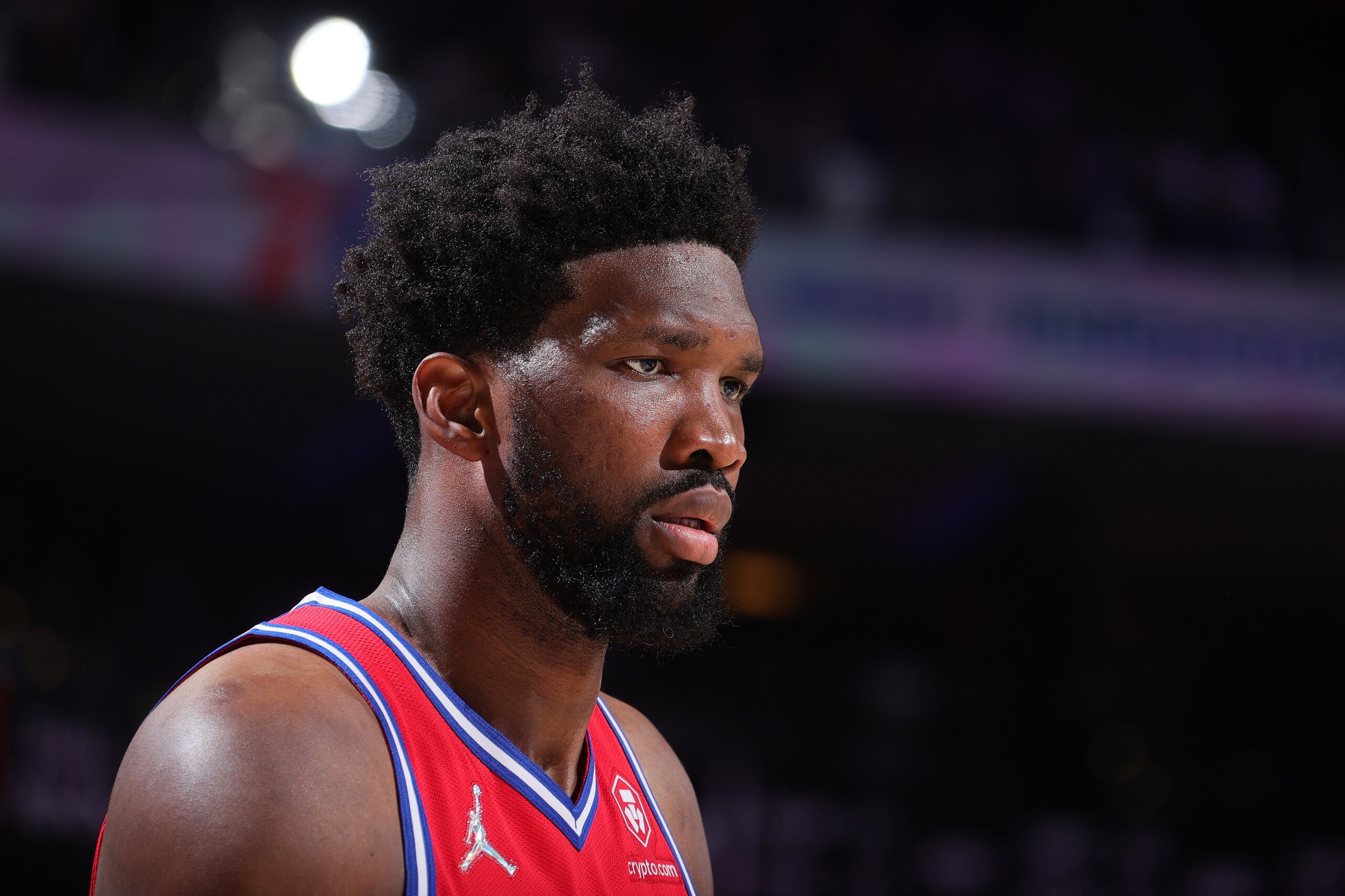 PHILADELPHIA, PA - OCTOBER 22: A close up shot of Joel Embiid #21 of the Philadelphia 76ers against the Brooklyn Nets on October 22, 2021 at Wells Fargo Center in Philadelphia, Pennsylvania. NOTE TO USER: User expressly acknowledges and agrees that, by downloading and/or using this Photograph, user is consenting to the terms and conditions of the Getty Images License Agreement. Mandatory Copyright Notice: Copyright 2021 NBAE (Photo by Nathaniel S. Butler/NBAE via Getty Images) PHILADELPHIA, PA - OCTOBER 22: A close up shot of Joel Embiid #21 of the Philadelphia 76ers against the Brooklyn Nets on October 22, 2021 at Wells Fargo Center in Philadelphia, Pennsylvania. NOTE TO USER: User expressly acknowledges and agrees that, by downloading and/or using this Photograph, user is consenting to the terms and conditions of the Getty Images License Agreement. Mandatory Copyright Notice: Copyright 2021 NBAE (Photo by Nathaniel S. Butler/NBAE via Getty Images)
