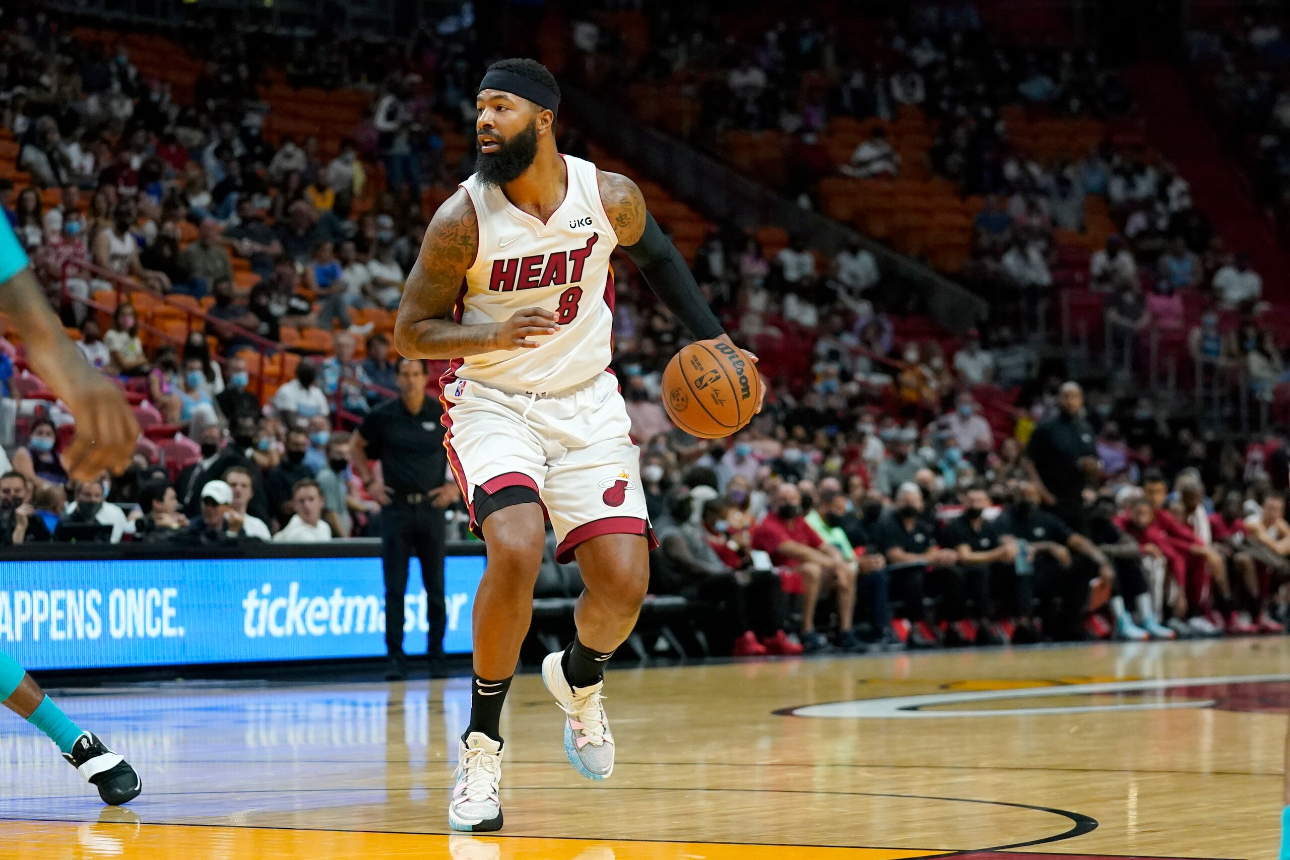 Miami Heat forward Markieff Morris (8) is in action during the first half of a preseason NBA basketball game against the Charlotte Hornets, Monday, Oct. 11, 2021, in Miami. (AP Photo/Lynne Sladky) Miami Heat forward Markieff Morris (8) is in action during the first half of a preseason NBA basketball game against the Charlotte Hornets, Monday, Oct. 11, 2021, in Miami. (AP Photo/Lynne Sladky)