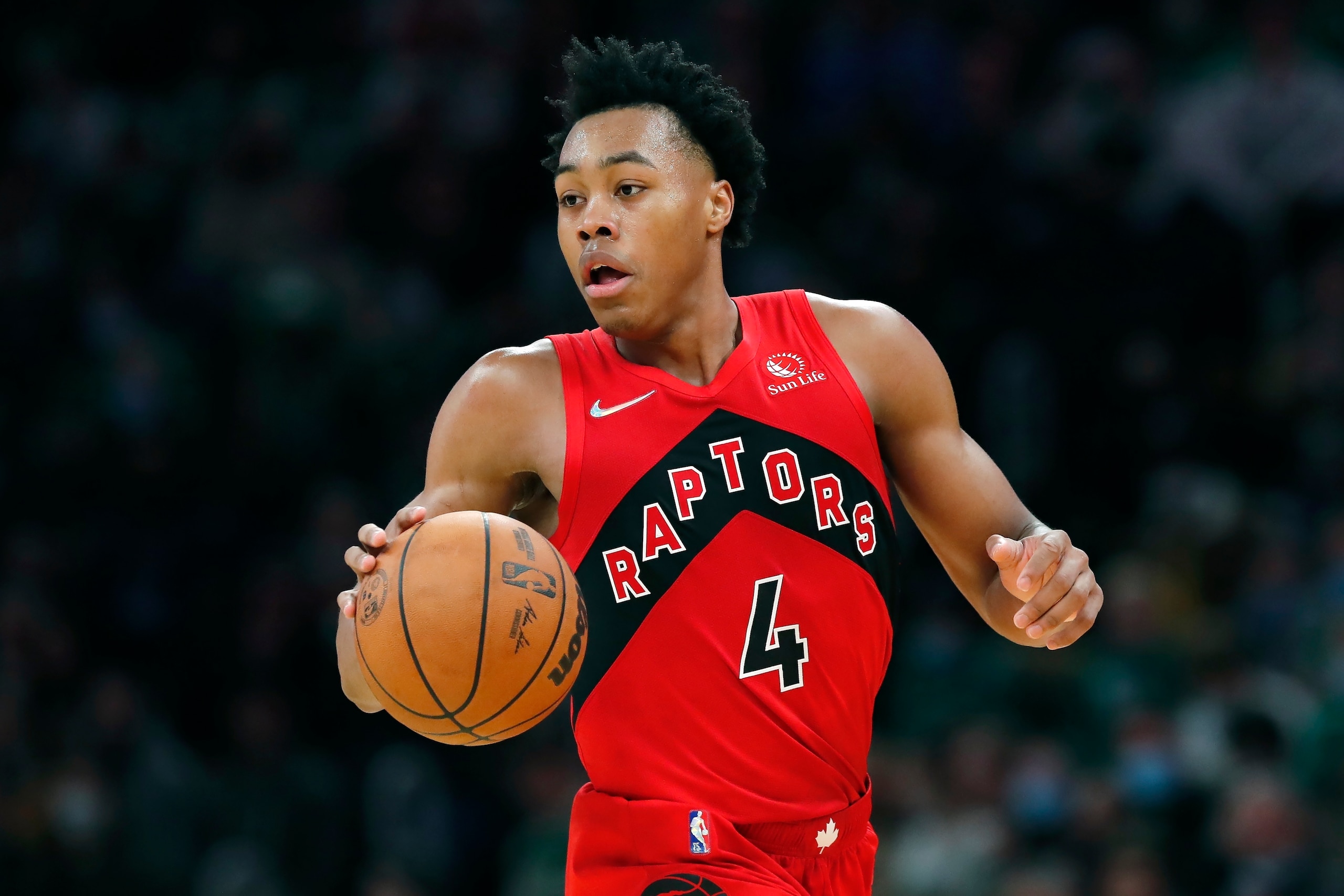 Toronto Raptors' Scottie Barnes plays against the Boston Celtics during the second half of an NBA basketball game, Friday, Oct. 22, 2021, in Boston. (AP Photo/Michael Dwyer)