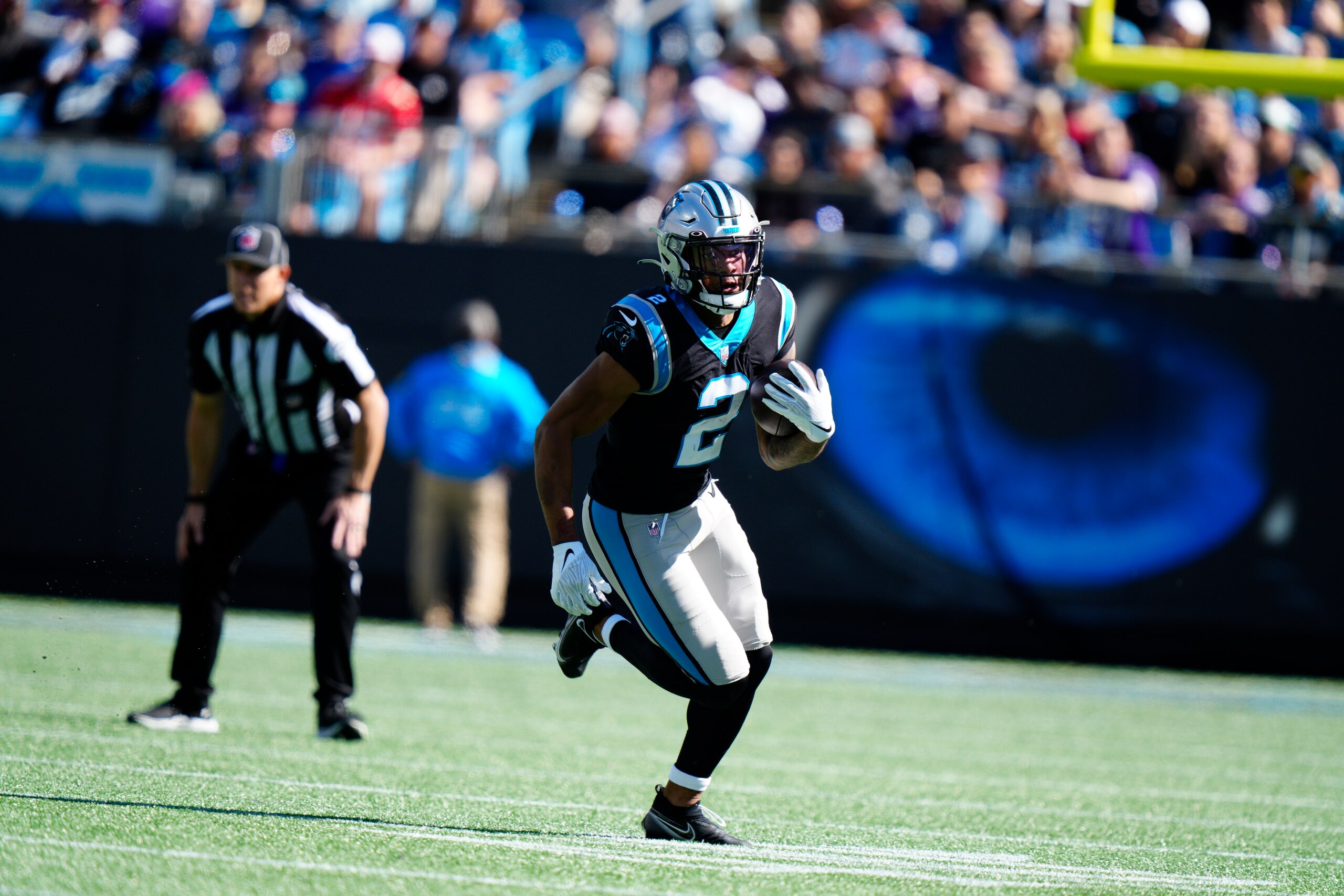 Carolina Panthers wide receiver D.J. Moore (2) runs against the Minnesota Vikings during the first half of an NFL football game, Sunday, Oct. 17, 2021, in Charlotte, N.C. (AP Photo/Jacob Kupferman)