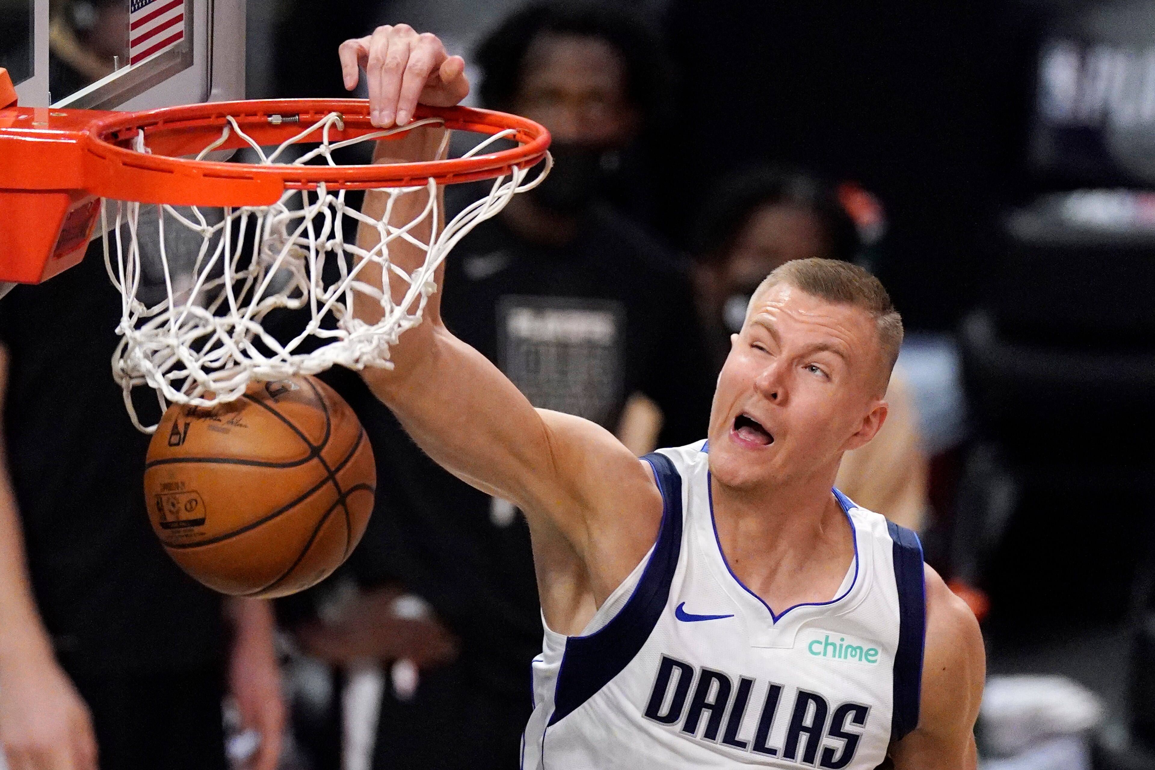 Dallas Mavericks center Kristaps Porzingis dunks during the second half in Game 1 of an NBA basketball first-round playoff series against the Los Angeles Clippers Saturday, May 22, 2021, in Los Angeles. (AP Photo/Mark J. Terrill)