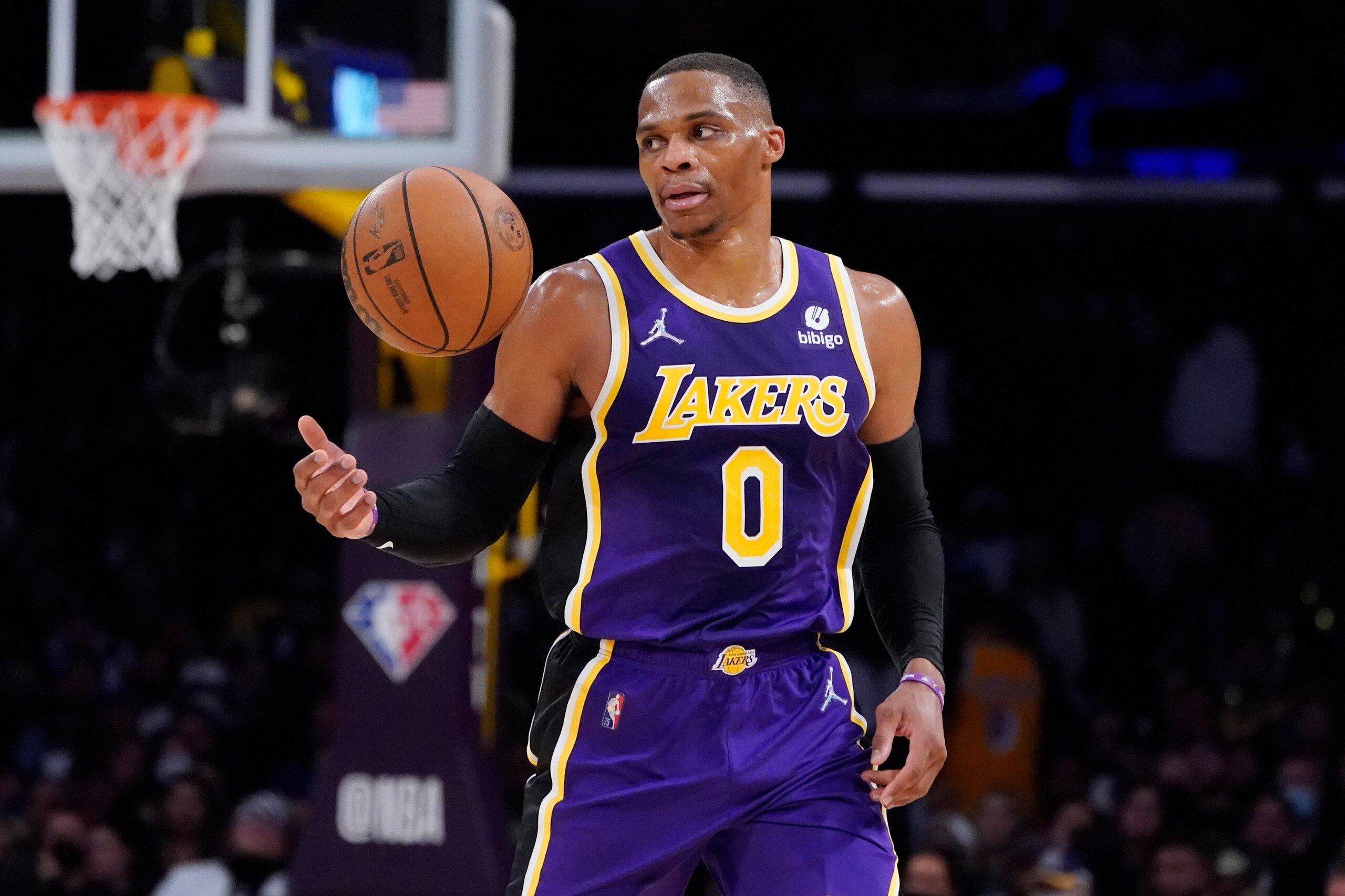 Los Angeles Lakers guard Russell Westbrook dribbles during the second half of an NBA basketball game against the Phoenix Suns Friday, Oct. 22, 2021, in Los Angeles. (AP Photo/Marcio Jose Sanchez)