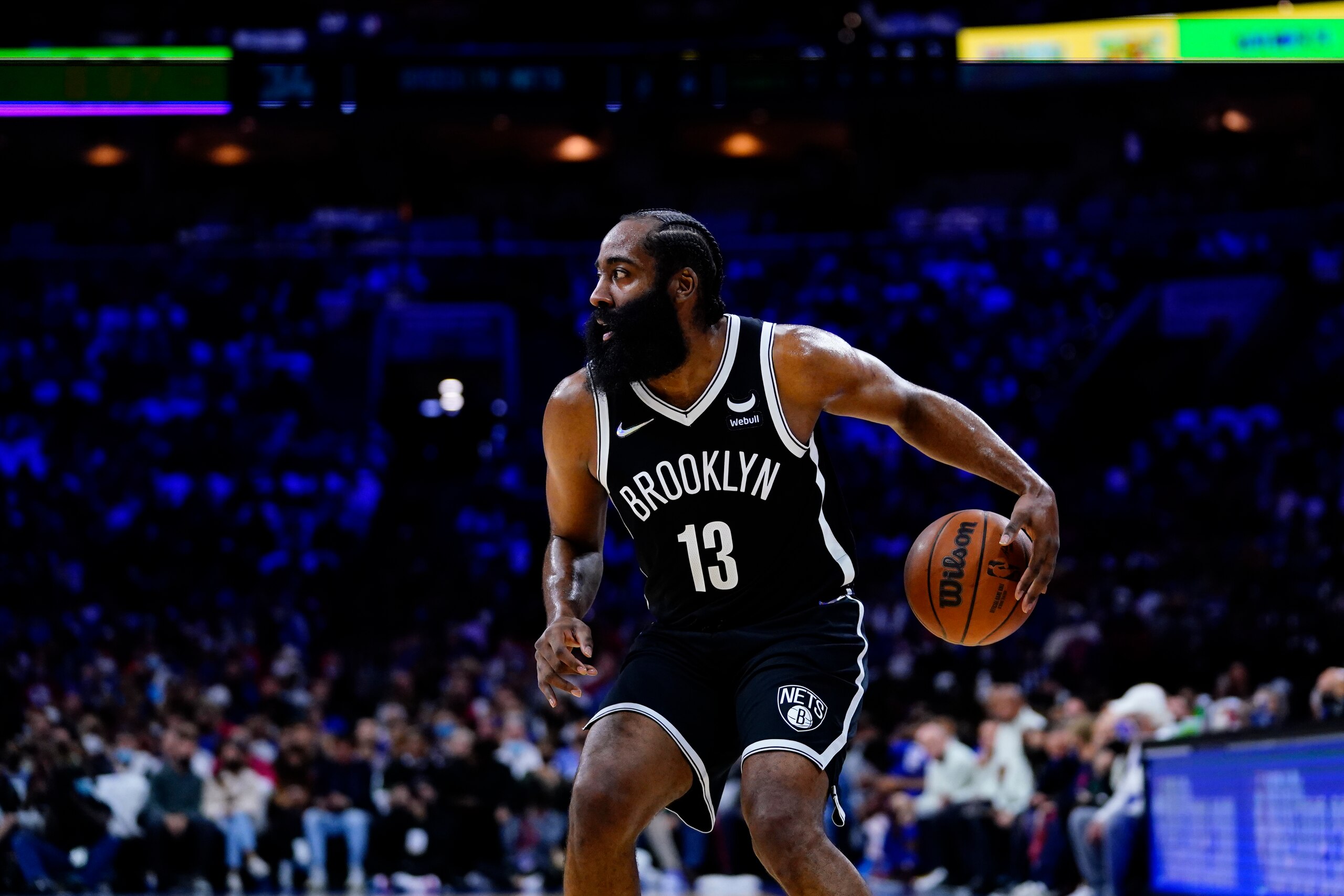 Brooklyn Nets' James Harden plays during an NBA basketball game, Friday, Oct. 22, 2021, in Philadelphia. (AP Photo/Matt Slocum)
