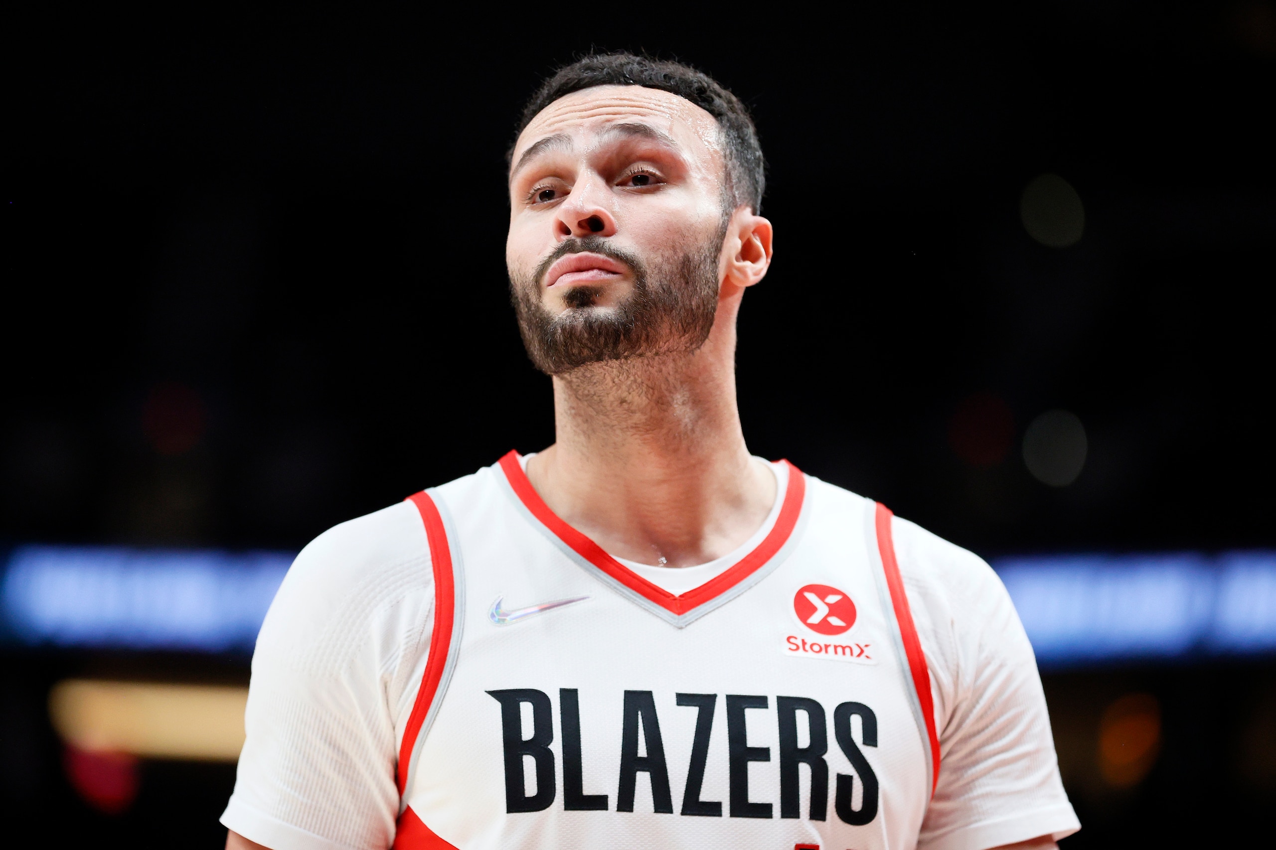PORTLAND, OREGON - OCTOBER 20: Larry Nance Jr. #11 of the Portland Trail Blazers looks on during the third quarter against the Sacramento Kings at Moda Center on October 20, 2021 in Portland, Oregon. NOTE TO USER: User expressly acknowledges and agrees that, by downloading and or using this photograph, User is consenting to the terms and conditions of the Getty Images License Agreement. (Photo by Steph Chambers/Getty Images)