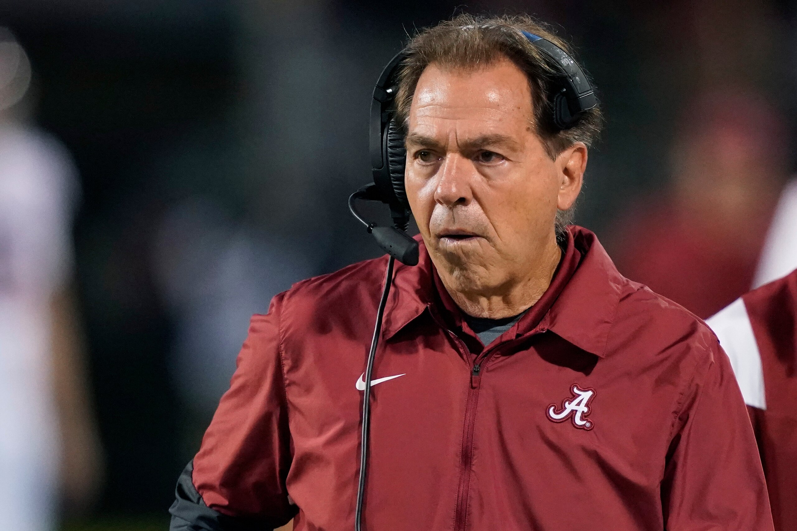 Alabama head coach Nick Saban studies the field during the second half of the team's NCAA college football game against Mississippi State in Starkville, Miss., Saturday, Oct. 16, 2021. Alabama won 49-9. (AP Photo/Rogelio V. Solis) Alabama head coach Nick Saban studies the field during the second half of the team's NCAA college football game against Mississippi State in Starkville, Miss., Saturday, Oct. 16, 2021. Alabama won 49-9. (AP Photo/Rogelio V. Solis)