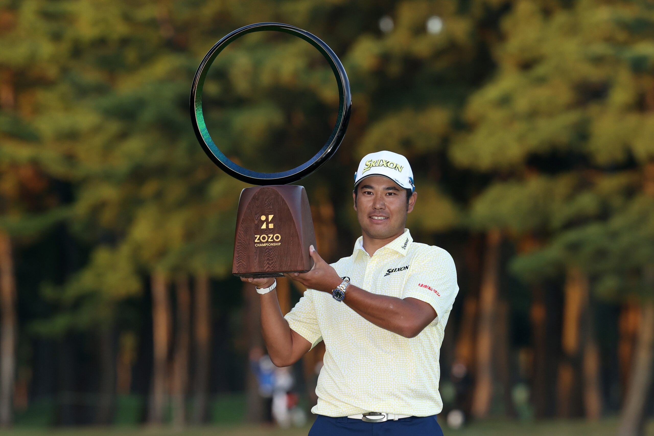 INZAI, JAPAN - OCTOBER 24: Hideki Matsuyama of Japan poses with the trophy after winning the tournament following the final round of the ZOZO Championship at Accordia Golf Narashino Country Club on October 24, 2021 in Inzai, Chiba, Japan. (Photo by Atsushi Tomura/Getty Images)