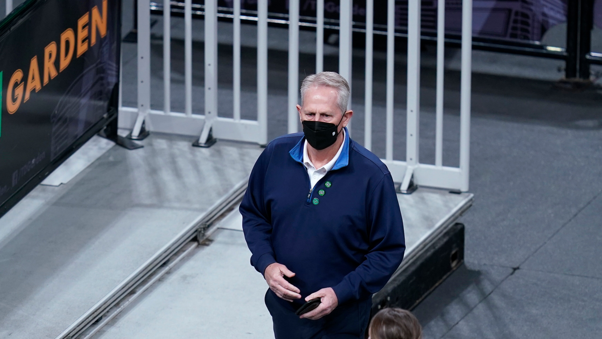 Boston Celtics general manager Danny Ainge prior to the first half of an NBA basketball game, Tuesday, May 11, 2021, in Boston. (AP Photo/Charles Krupa)
