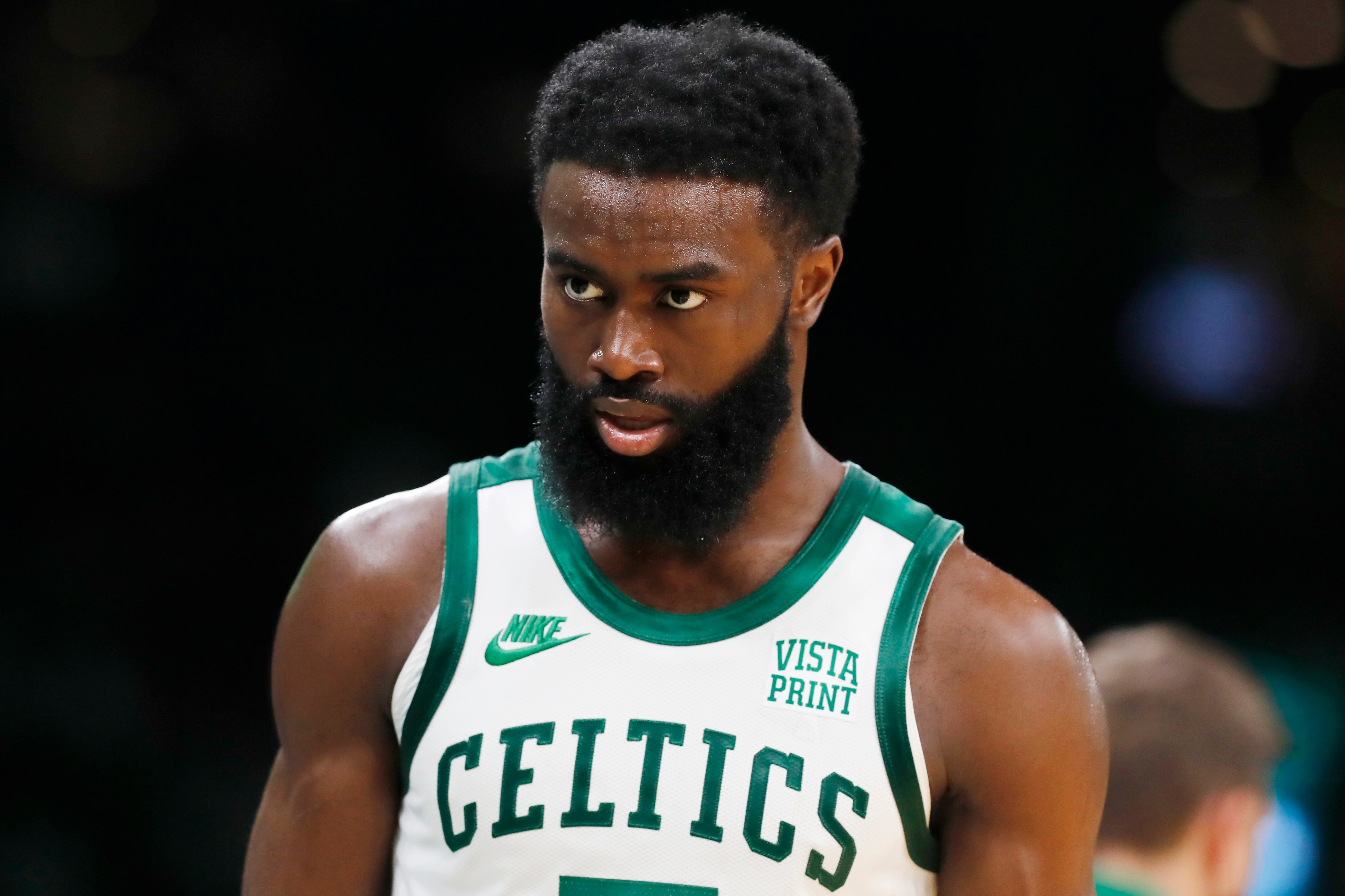 Boston Celtics' Jaylen Brown plays against the Toronto Raptors during the second half of an NBA basketball game, Friday, Oct. 22, 2021, in Boston. (AP Photo/Michael Dwyer)