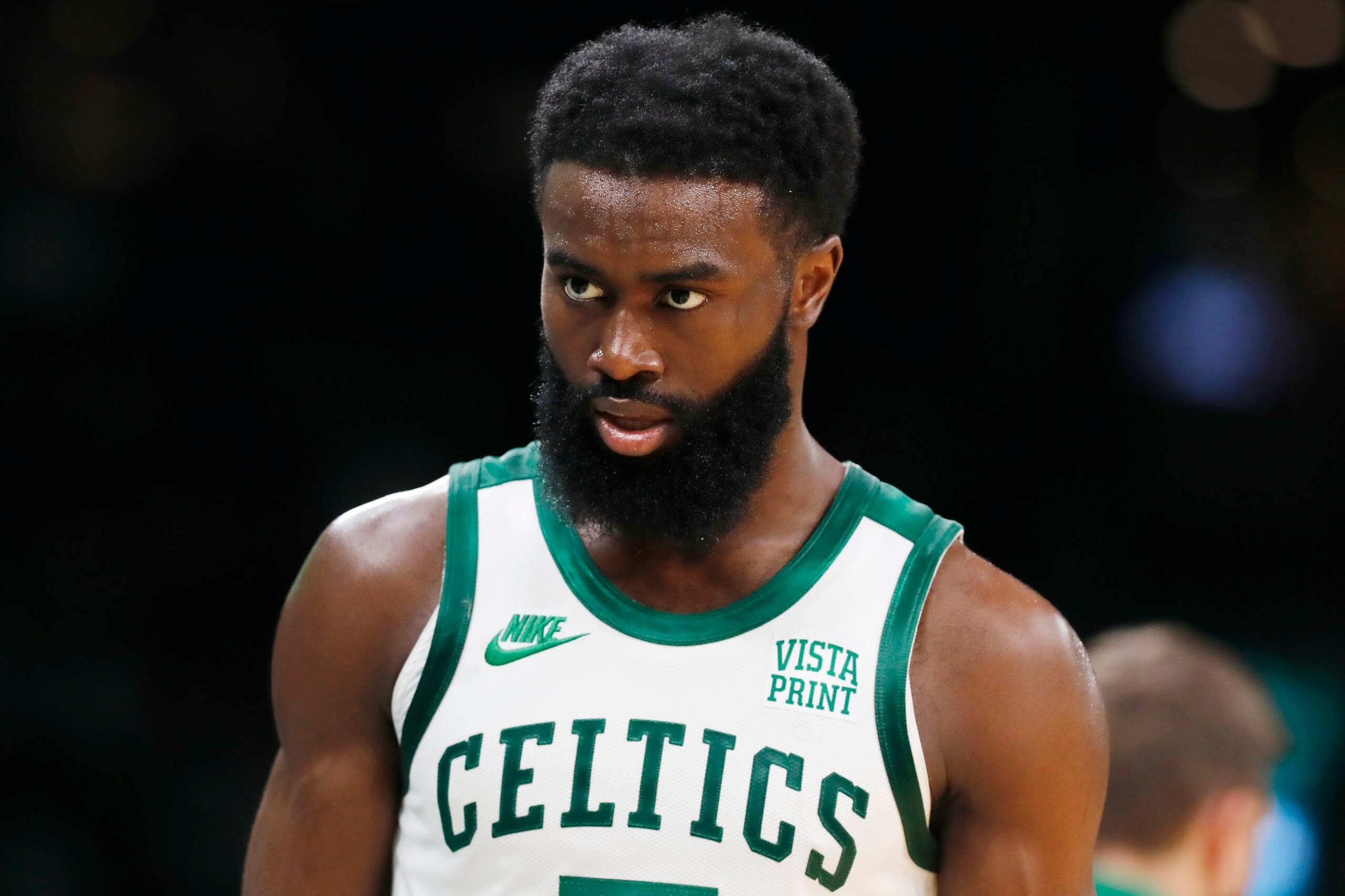 Boston Celtics' Jaylen Brown plays against the Toronto Raptors during the second half of an NBA basketball game, Friday, Oct. 22, 2021, in Boston. (AP Photo/Michael Dwyer)