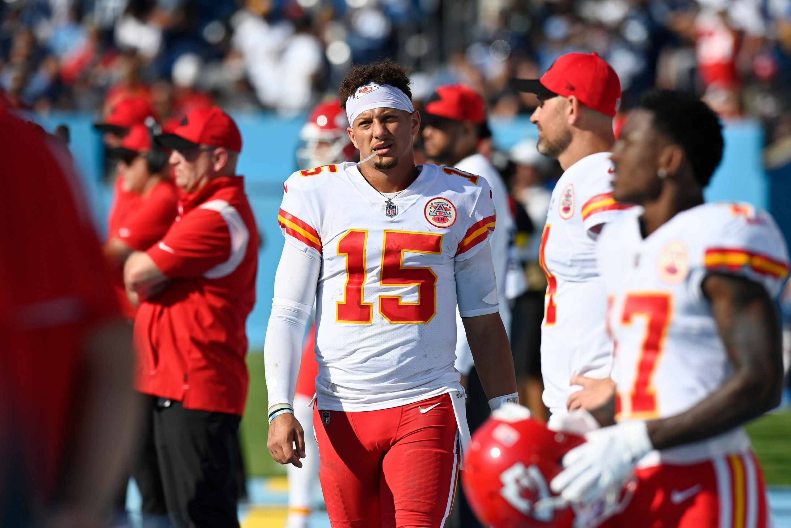 Kansas City Chiefs quarterback Patrick Mahomes (15) walks on the sideline after leaving the medical tent following a hard hit in the second half of an NFL football game against the Tennessee Titans Sunday, Oct. 24, 2021, in Nashville, Tenn. (AP Photo/Mark Zaleski)