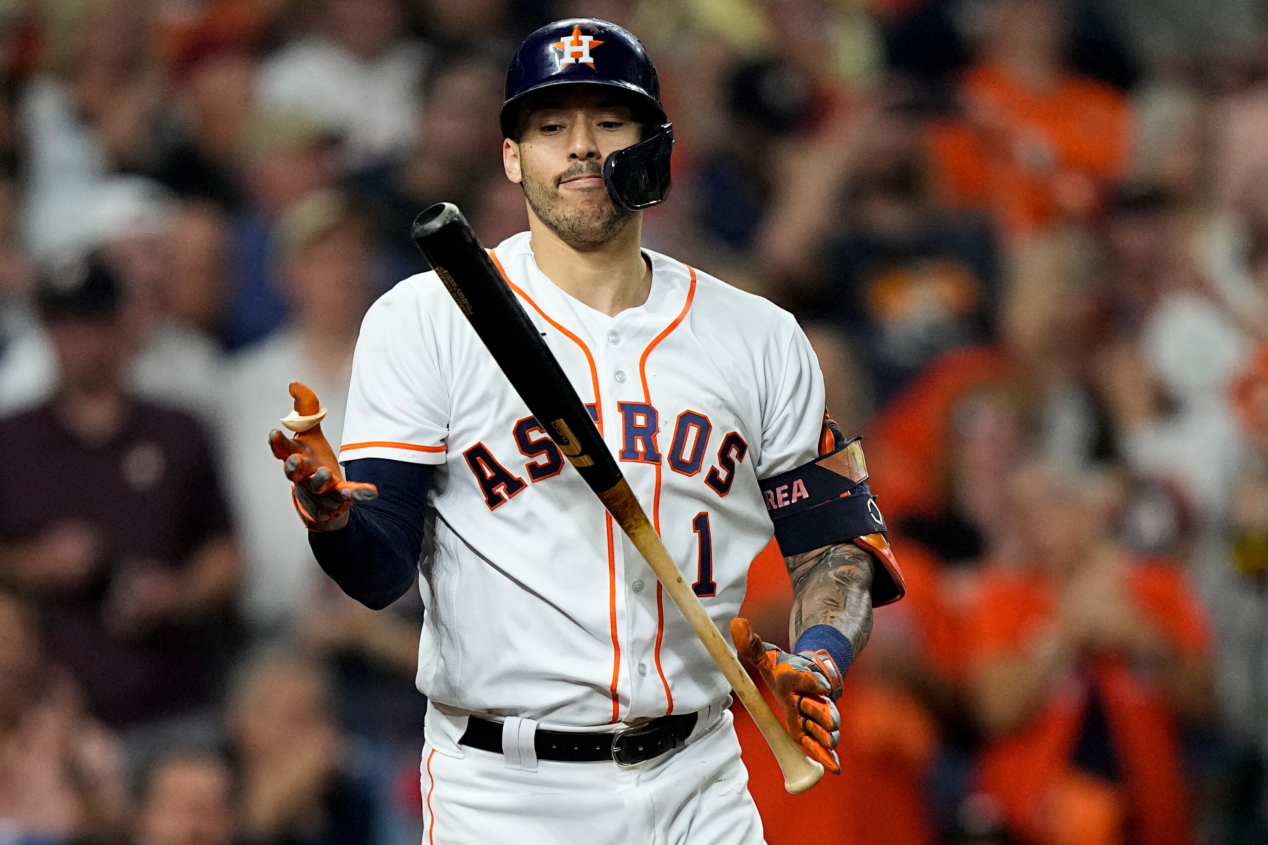 Houston Astros' Carlos Correa reacts after striking out against the Boston Red Sox during the fourth inning in Game 6 of baseball's American League Championship Series Friday, Oct. 22, 2021, in Houston. (AP Photo/David J. Phillip) Houston Astros' Carlos Correa reacts after striking out against the Boston Red Sox during the fourth inning in Game 6 of baseball's American League Championship Series Friday, Oct. 22, 2021, in Houston. (AP Photo/David J. Phillip)
