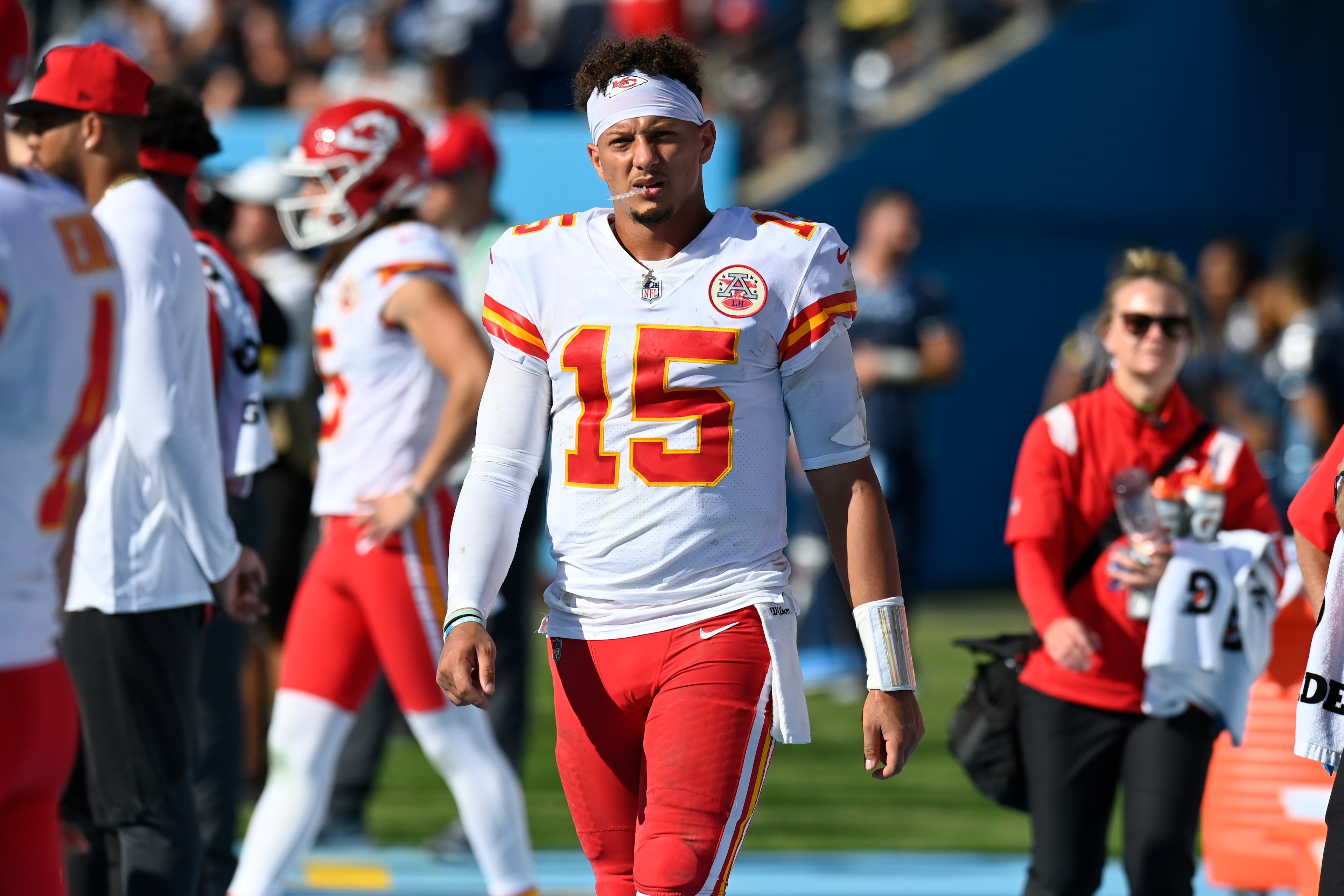 Kansas City Chiefs quarterback Patrick Mahomes (15) walks on the sideline after leaving the medical tent following a hard hit in the second half of an NFL football game against the Tennessee Titans Sunday, Oct. 24, 2021, in Nashville, Tenn. (AP Photo/Mark Zaleski) Kansas City Chiefs quarterback Patrick Mahomes (15) walks on the sideline after leaving the medical tent following a hard hit in the second half of an NFL football game against the Tennessee Titans Sunday, Oct. 24, 2021, in Nashville, Tenn. (AP Photo/Mark Zaleski)