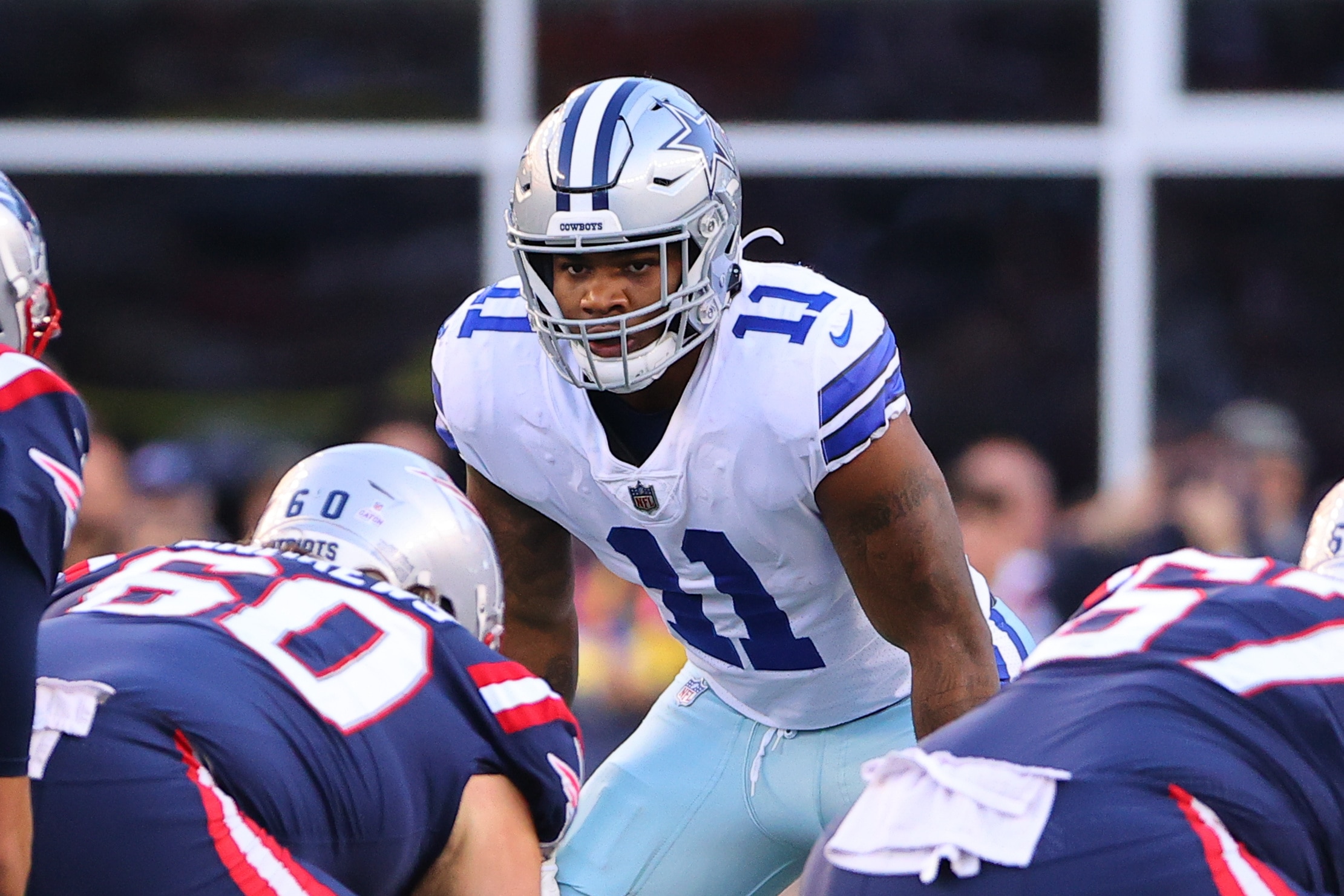 FOXBOROUGH, MA - OCTOBER 17:  Dallas Cowboys outside linebacker Micah Parsons (11)  during the National Football League game between the New England Patriots and the Dallas Cowboys on October 17, 2021 at Gillette Stadium in Foxborough, MA.    (Photo by Rich Graessle/Icon Sportswire via Getty Images)