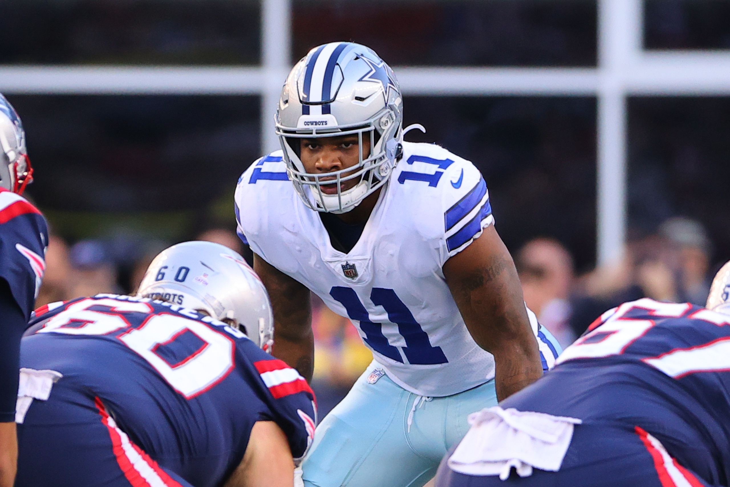FOXBOROUGH, MA - OCTOBER 17:  Dallas Cowboys outside linebacker Micah Parsons (11)  during the National Football League game between the New England Patriots and the Dallas Cowboys on October 17, 2021 at Gillette Stadium in Foxborough, MA.    (Photo by Rich Graessle/Icon Sportswire via Getty Images)