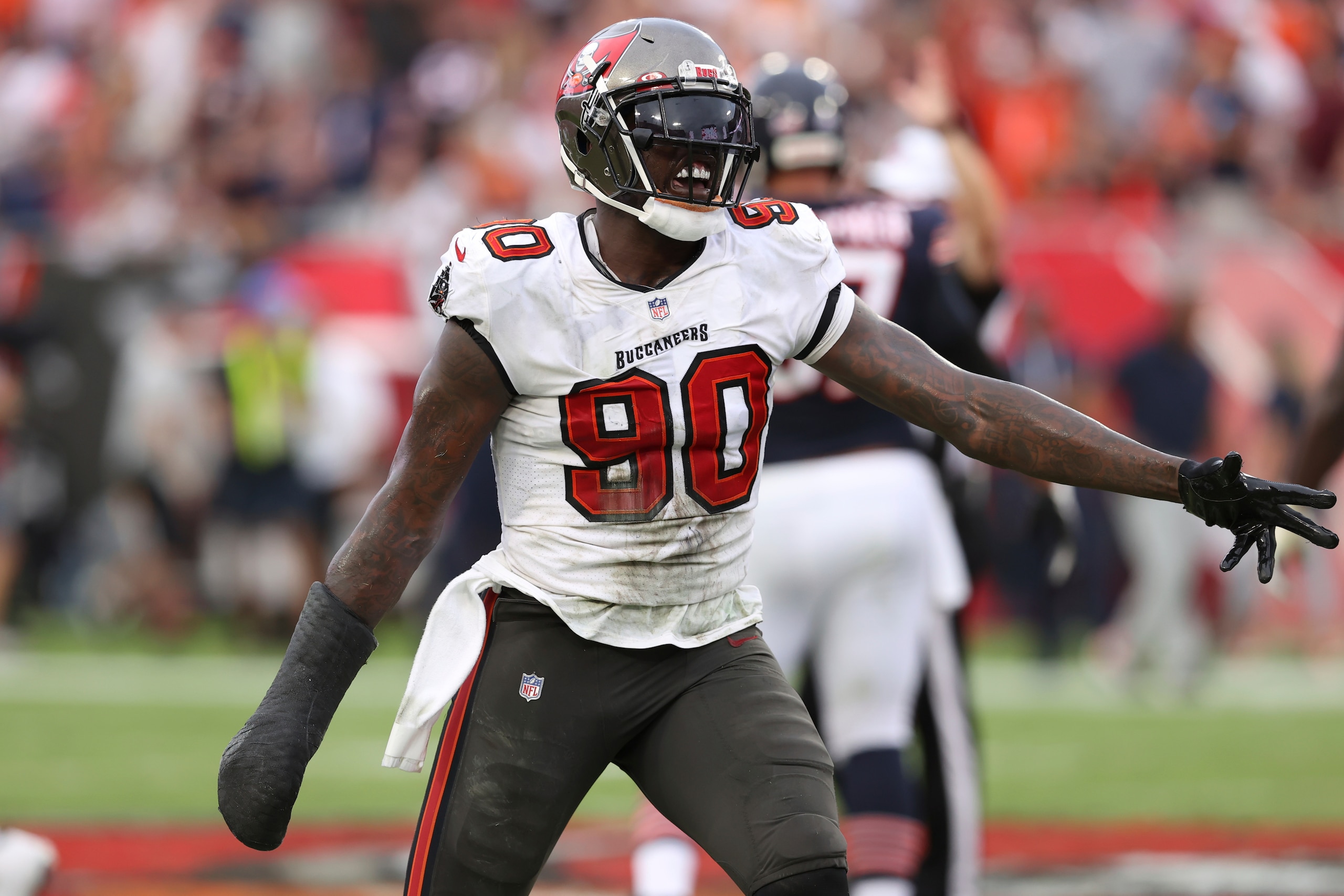 Tampa Bay Buccaneers outside linebacker Jason Pierre-Paul (90) during the first half of an NFL football game against the Chicago Bears Sunday, Oct. 24, 2021, in Tampa, Fla. (AP Photo/Mark LoMoglio)